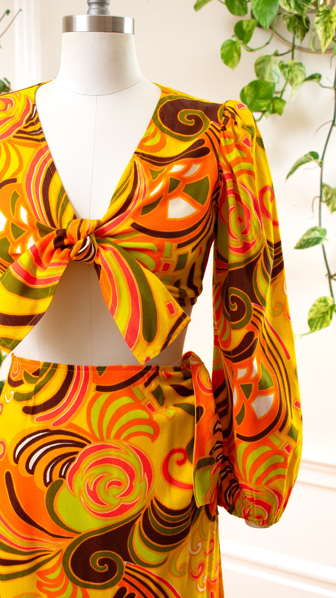 1970s Psychedelic Barkcloth Crop Top & Wrap Skirt Set | small/medium