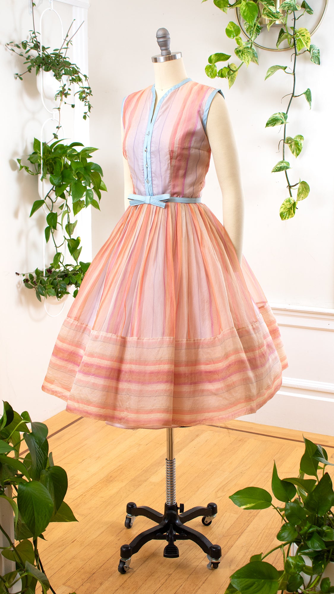 1950s Pastel Striped Organdy Dress | x-small