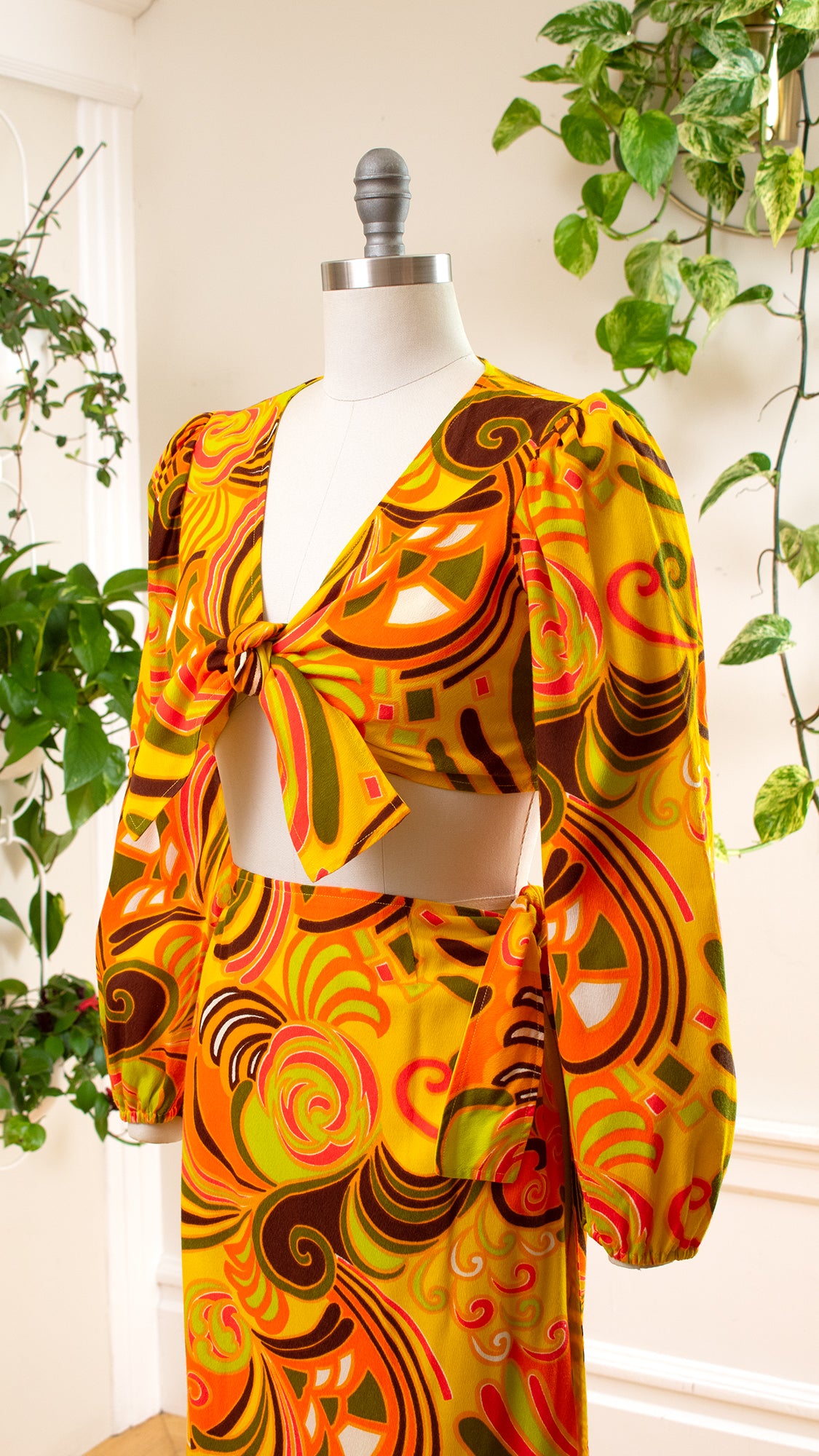 1970s Psychedelic Barkcloth Crop Top & Wrap Skirt Set | small/medium