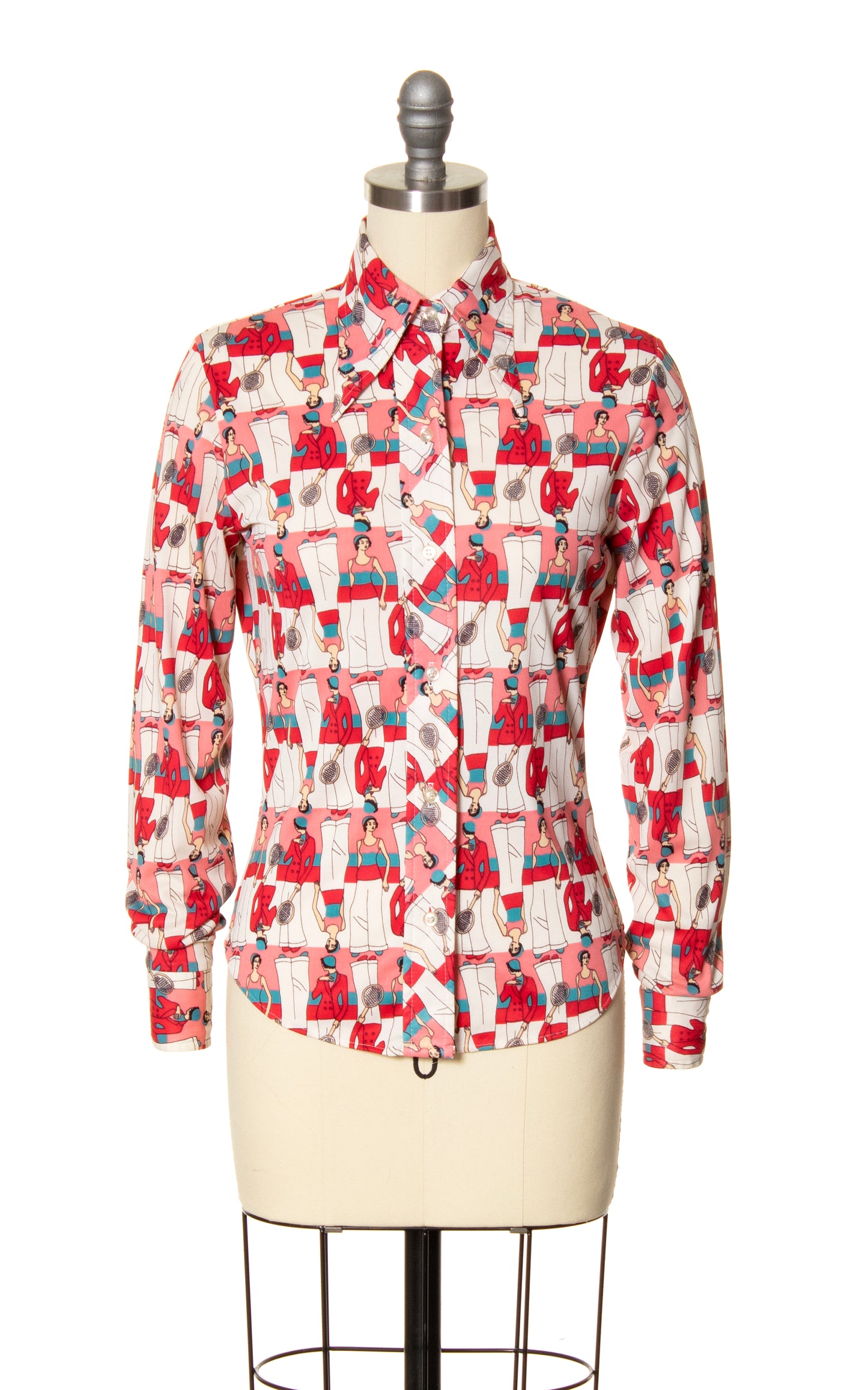 1970s Art Deco Badminton Ladies Novelty Print Blouse | x-small/small