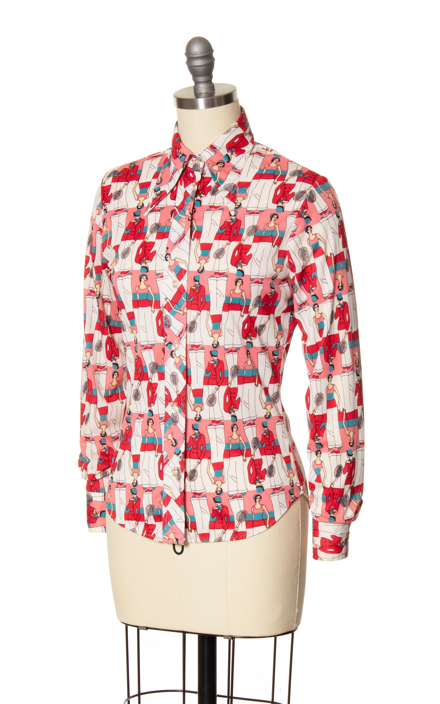 1970s Art Deco Badminton Ladies Novelty Print Blouse | x-small/small