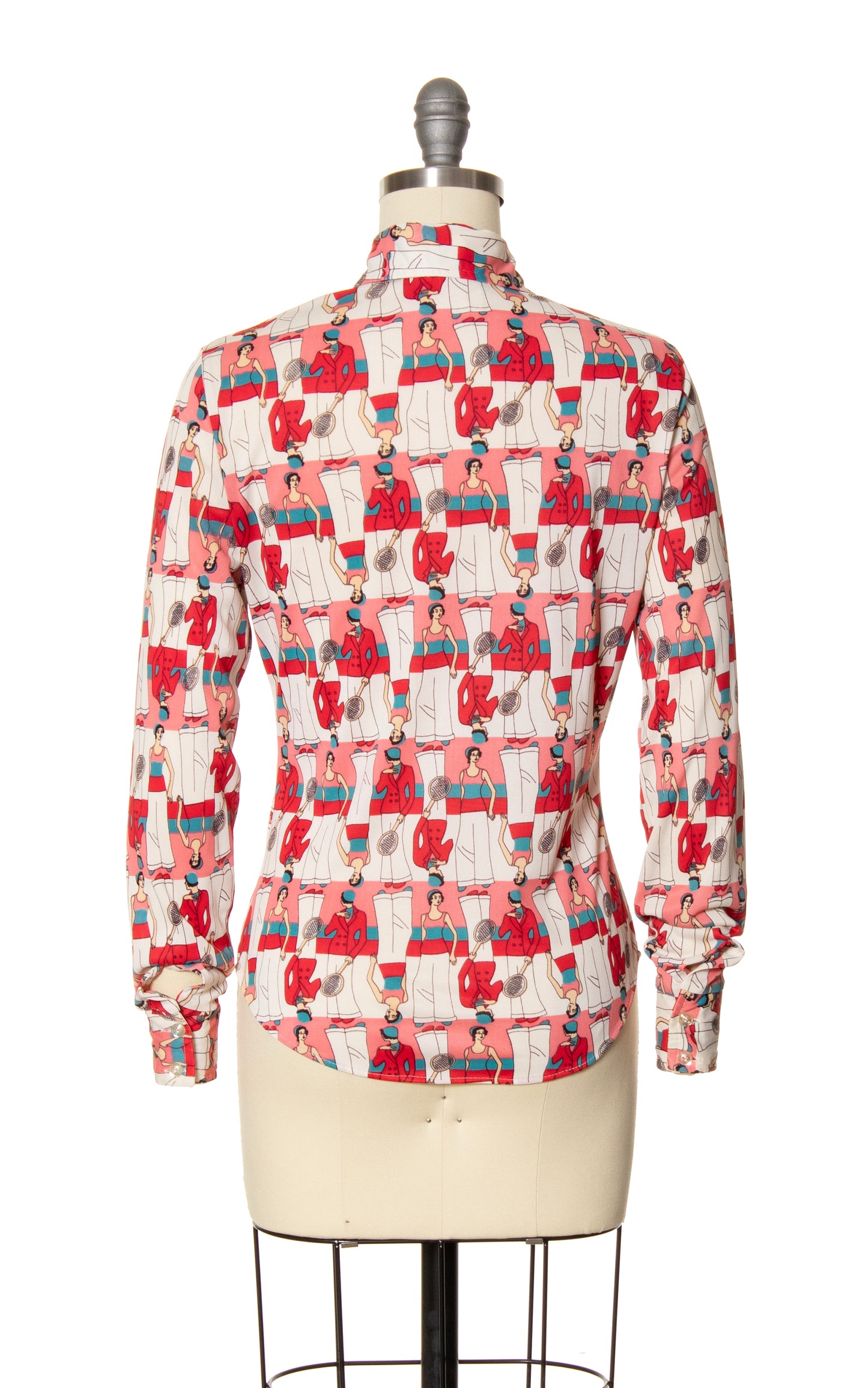 1970s Art Deco Badminton Ladies Novelty Print Blouse | x-small/small