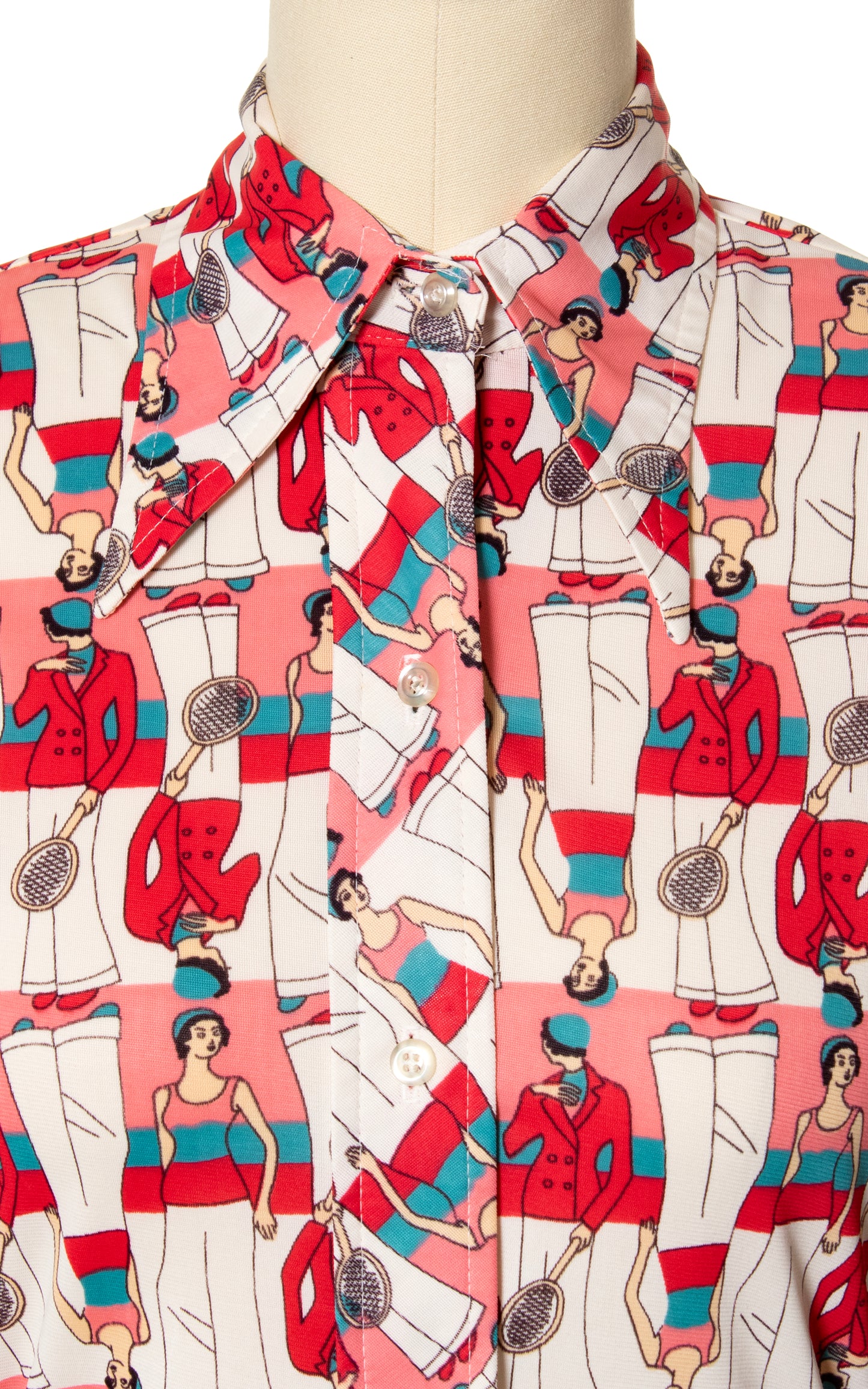 1970s Art Deco Badminton Ladies Novelty Print Blouse | x-small/small