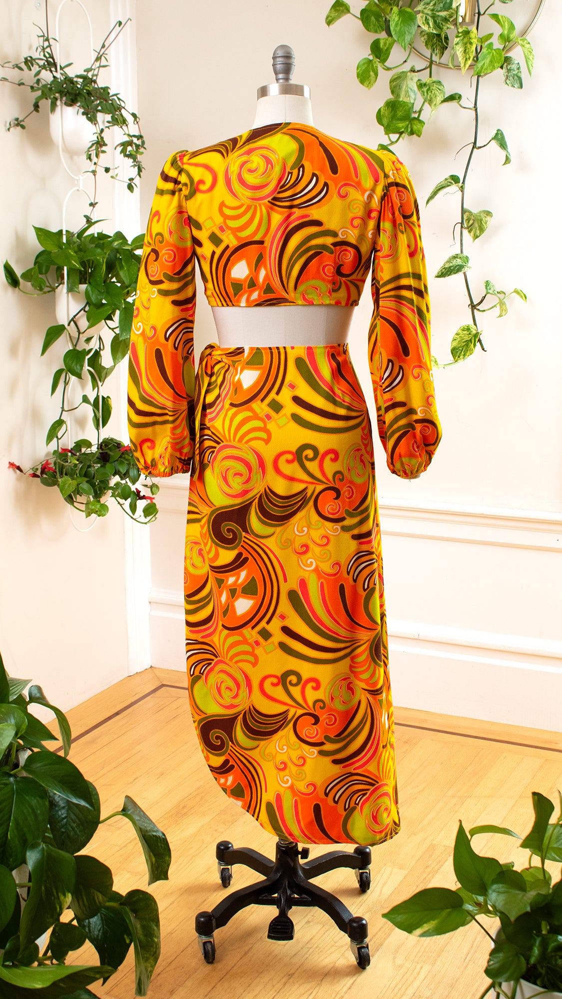1970s Psychedelic Barkcloth Crop Top & Wrap Skirt Set | small/medium