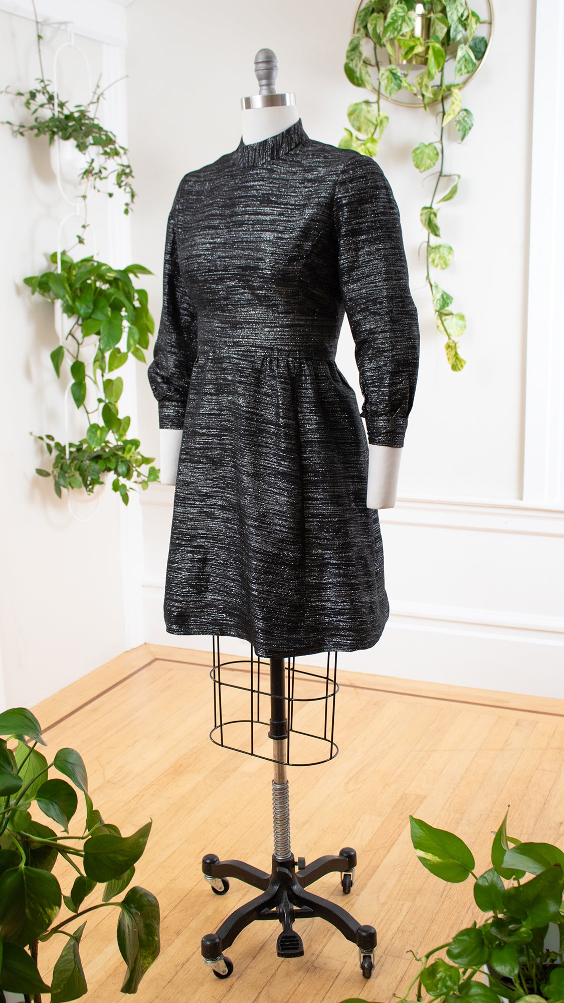 1960s Metallic Silver & Black Mini Party Dress | medium
