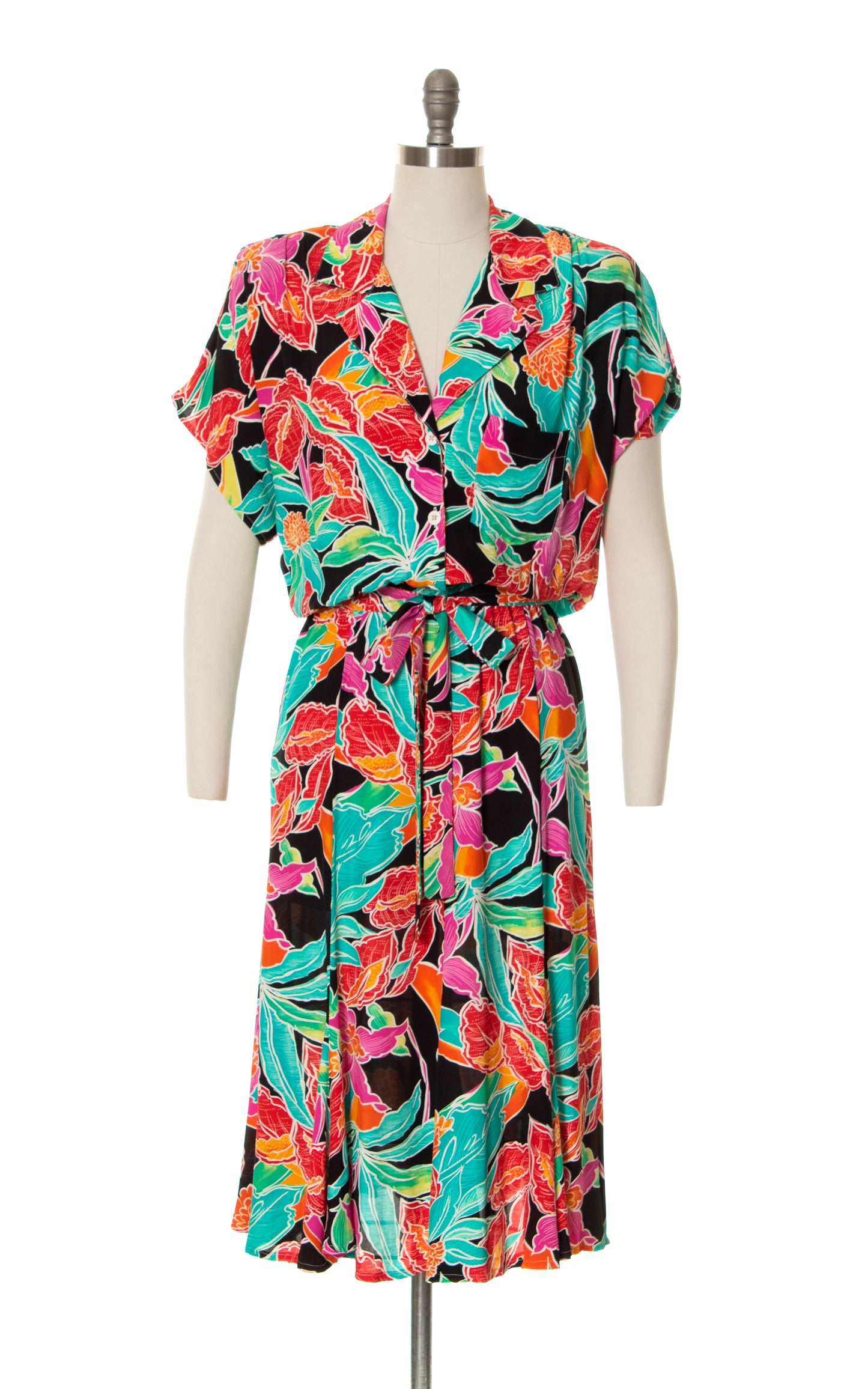 1980s CAROLE LITTLE Floral Rayon Shirtwaist Dress | x-small/small