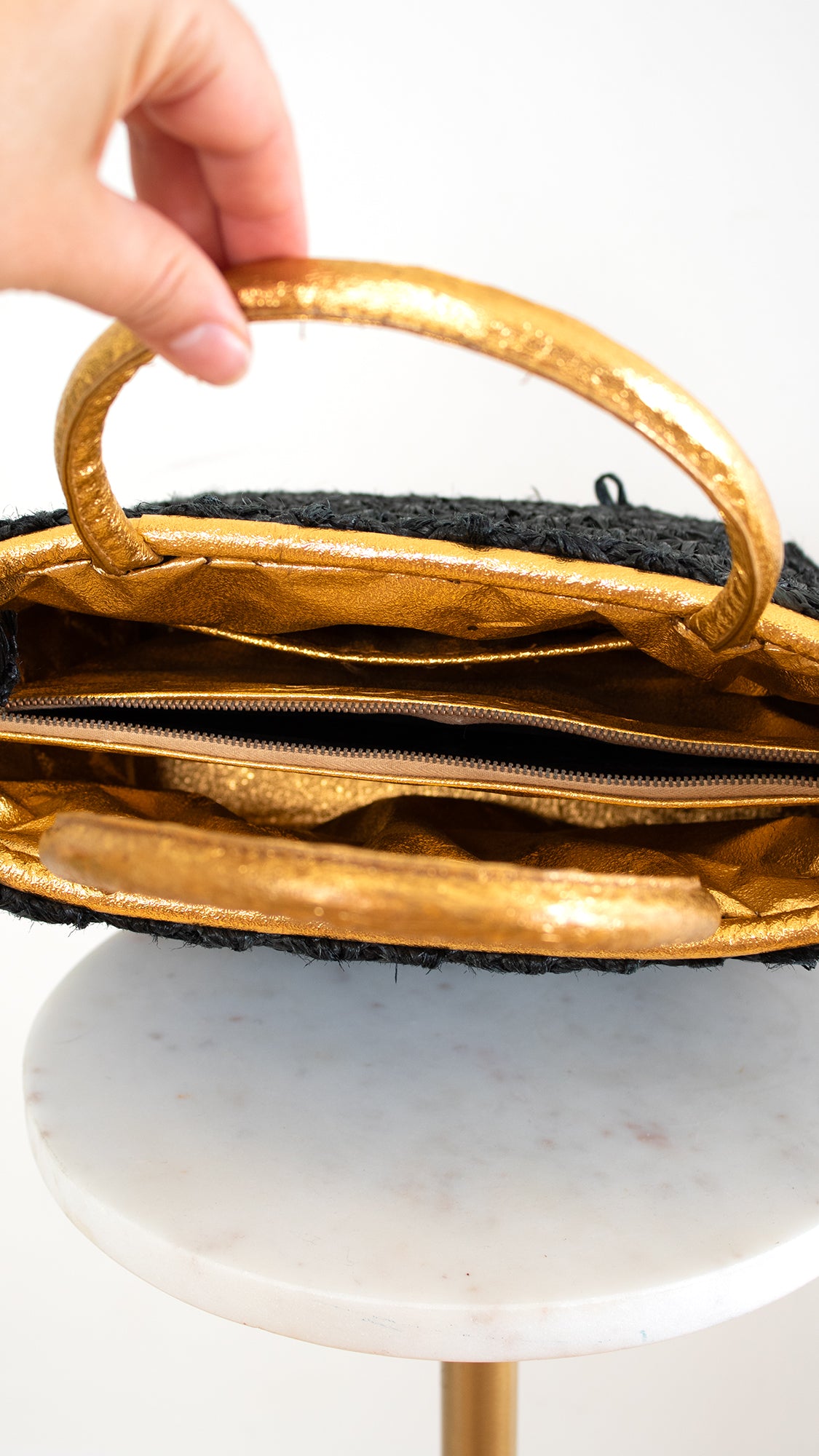 1960s Black Raffia & Gold Foil Handbag