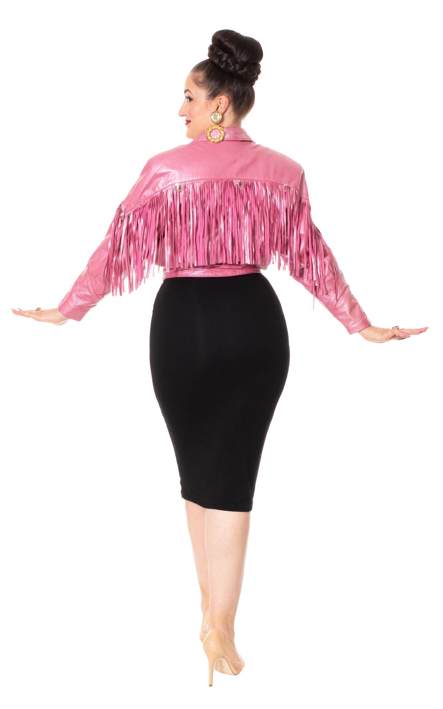 1980s Pearlescent Pink Leather Fringe Jacket | large
