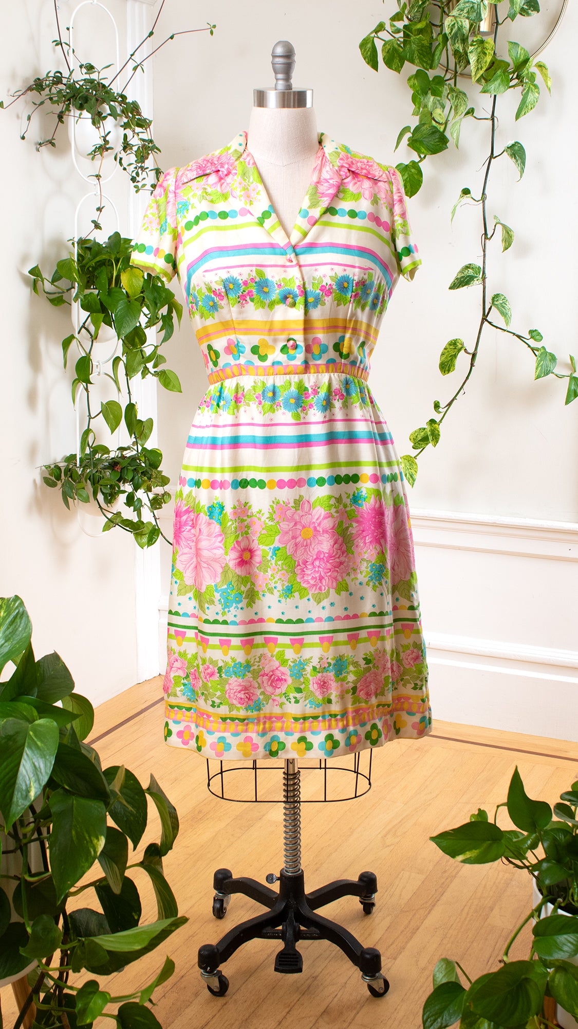 1960s Silk Floral Striped Shirtwaist Dress | large