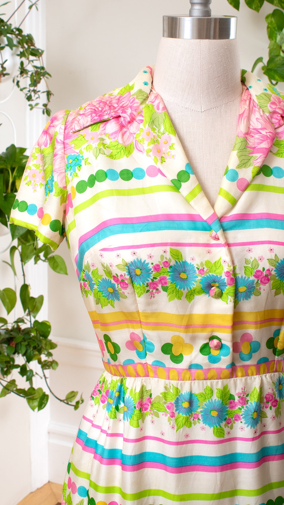 1960s Silk Floral Striped Shirtwaist Dress | large