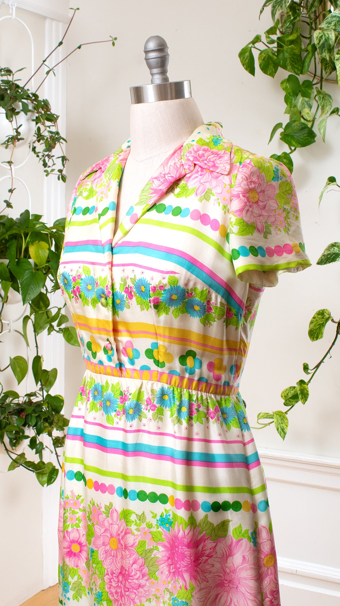 1960s Silk Floral Striped Shirtwaist Dress | large