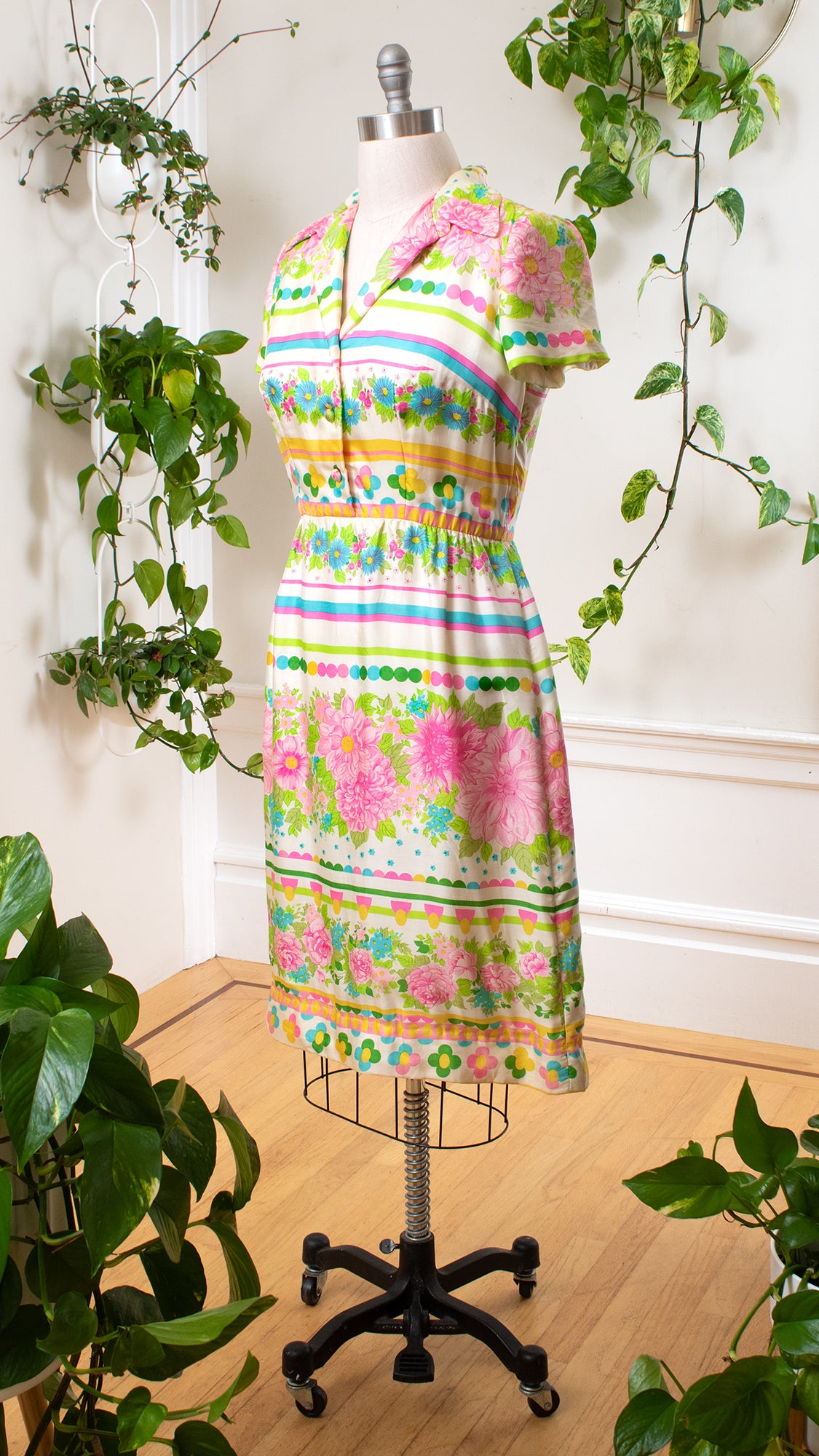 1960s Silk Floral Striped Shirtwaist Dress | large