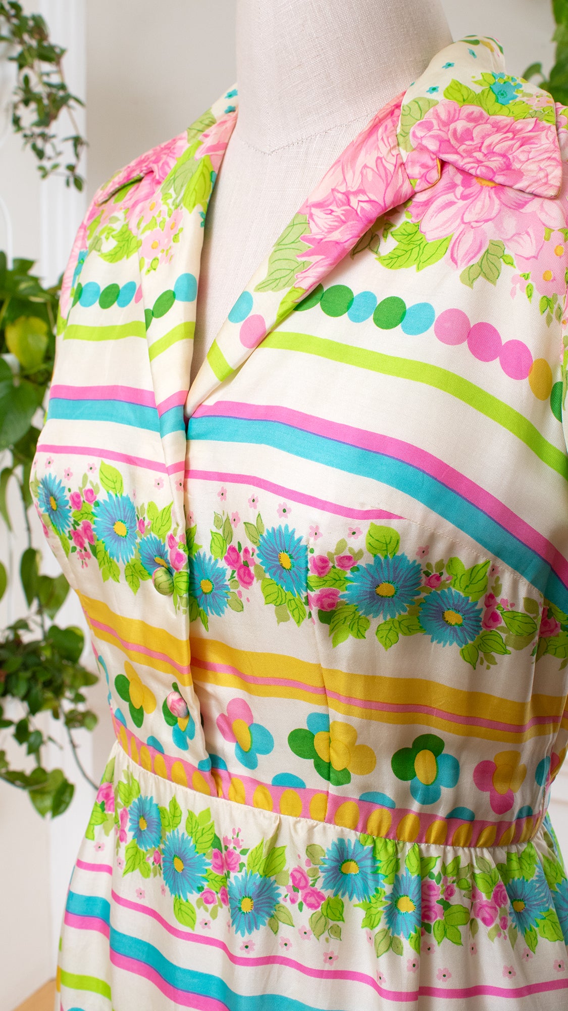 1960s Silk Floral Striped Shirtwaist Dress | large