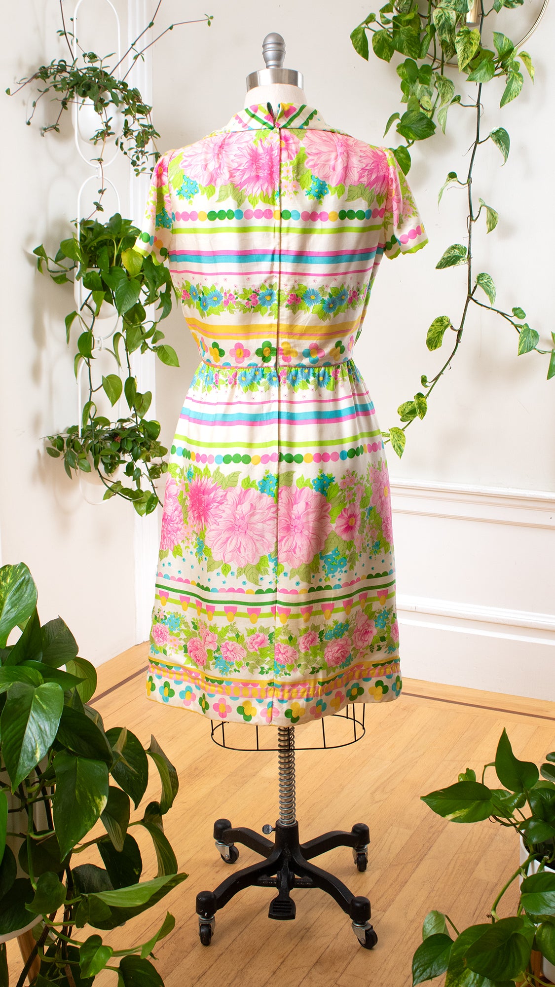 1960s Silk Floral Striped Shirtwaist Dress | large