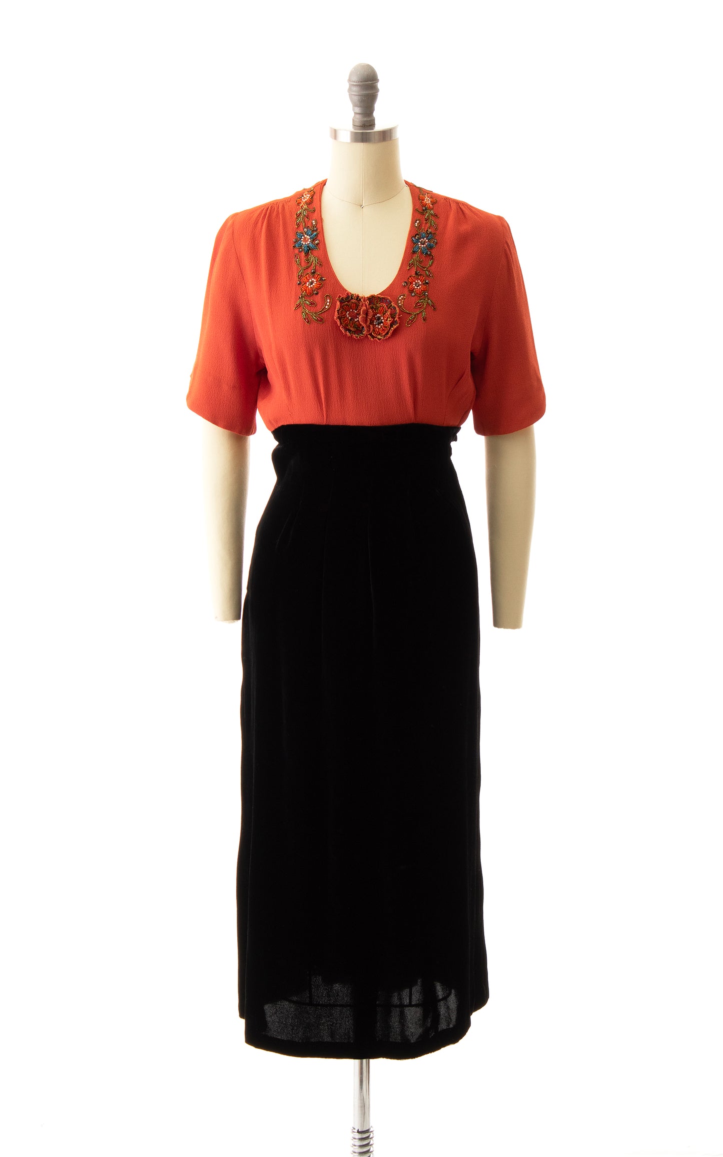 1930s Beaded Crepe & Velvet Dress | x-small