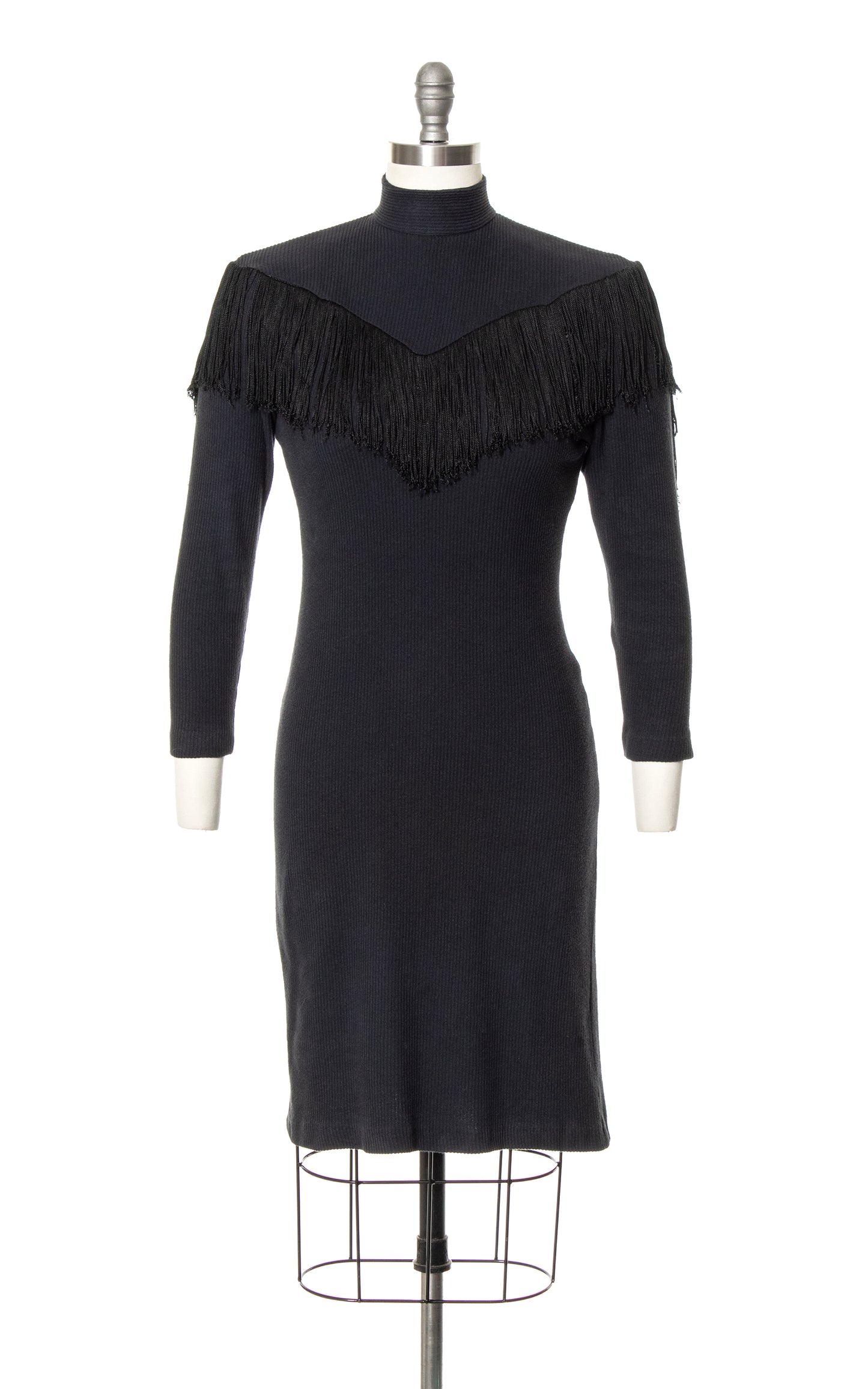 1990s Fringe Black Jersey Wiggle Dress | x-small/small/medium