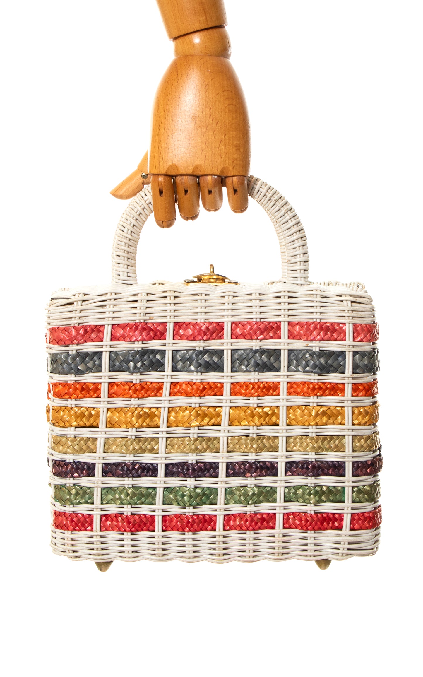 1960s Colorful Striped Woven Wicker Box Purse