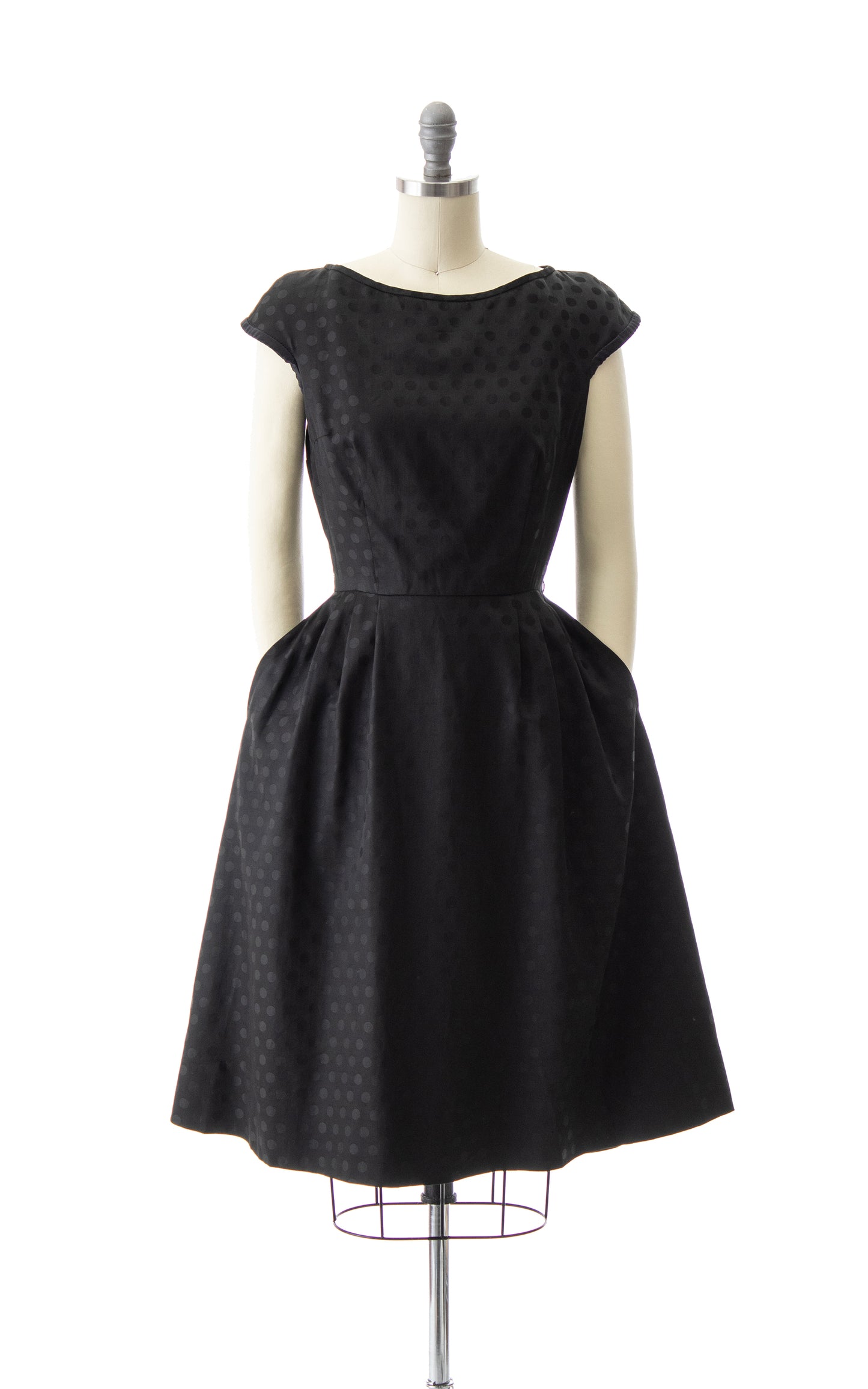 1950s Polka Dot Black Silk Dress with Pockets | small