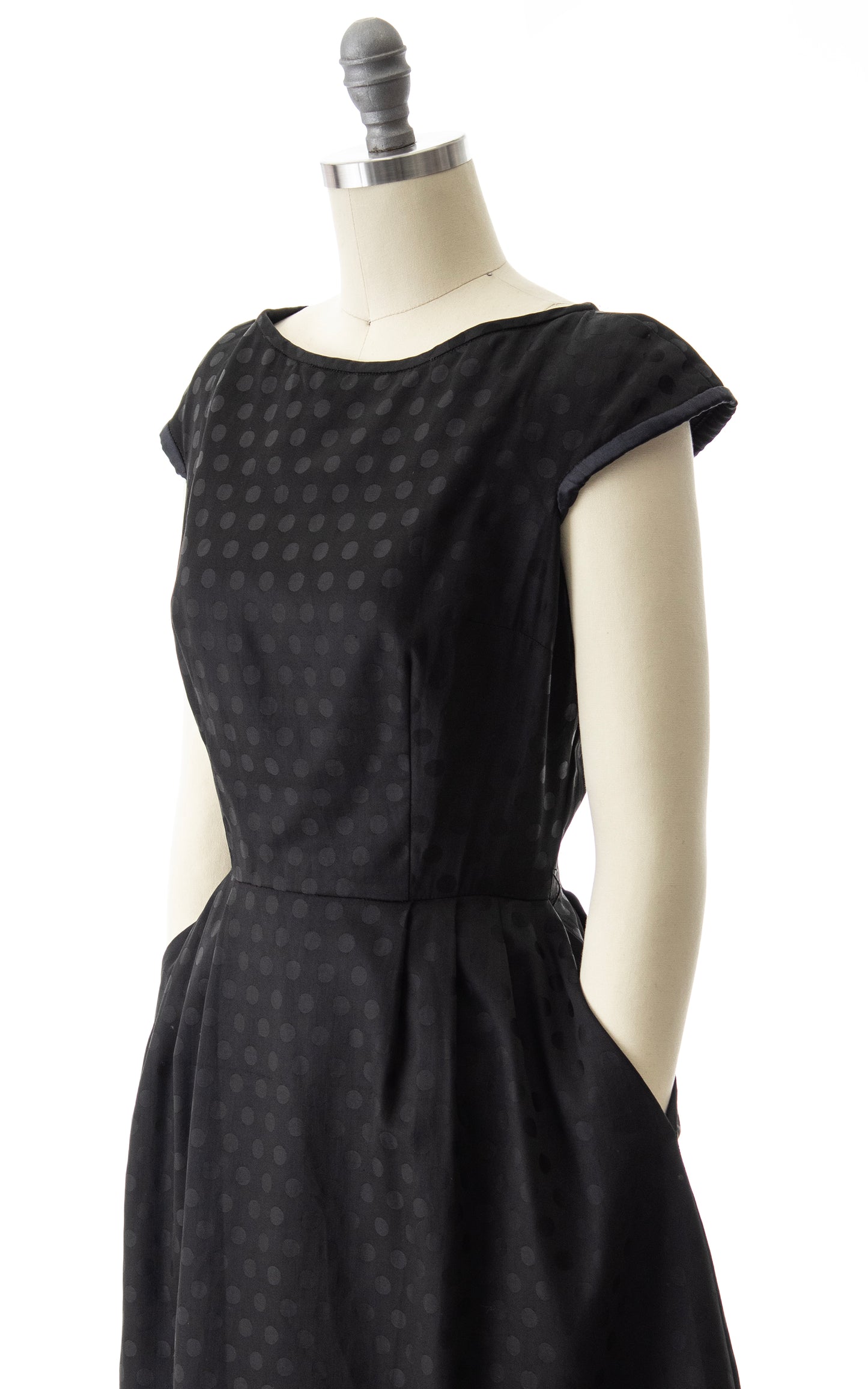 1950s Polka Dot Black Silk Dress with Pockets | small