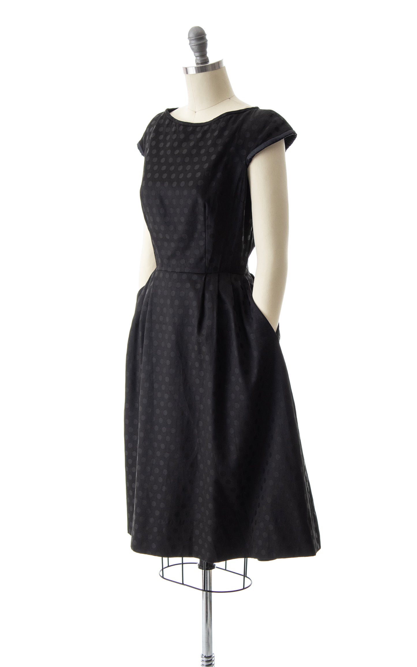 1950s Polka Dot Black Silk Dress with Pockets | small