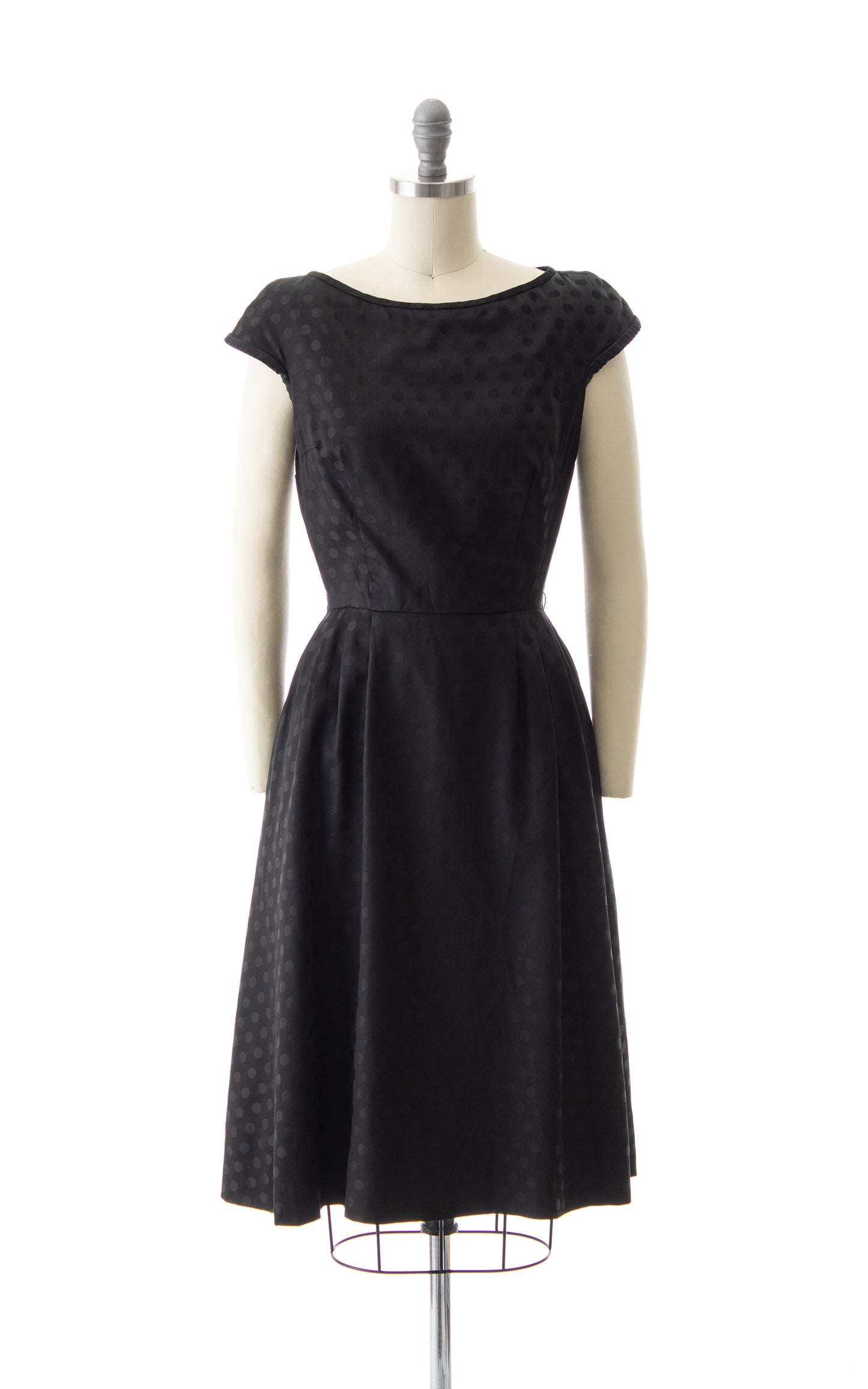 1950s Polka Dot Black Silk Dress with Pockets | small