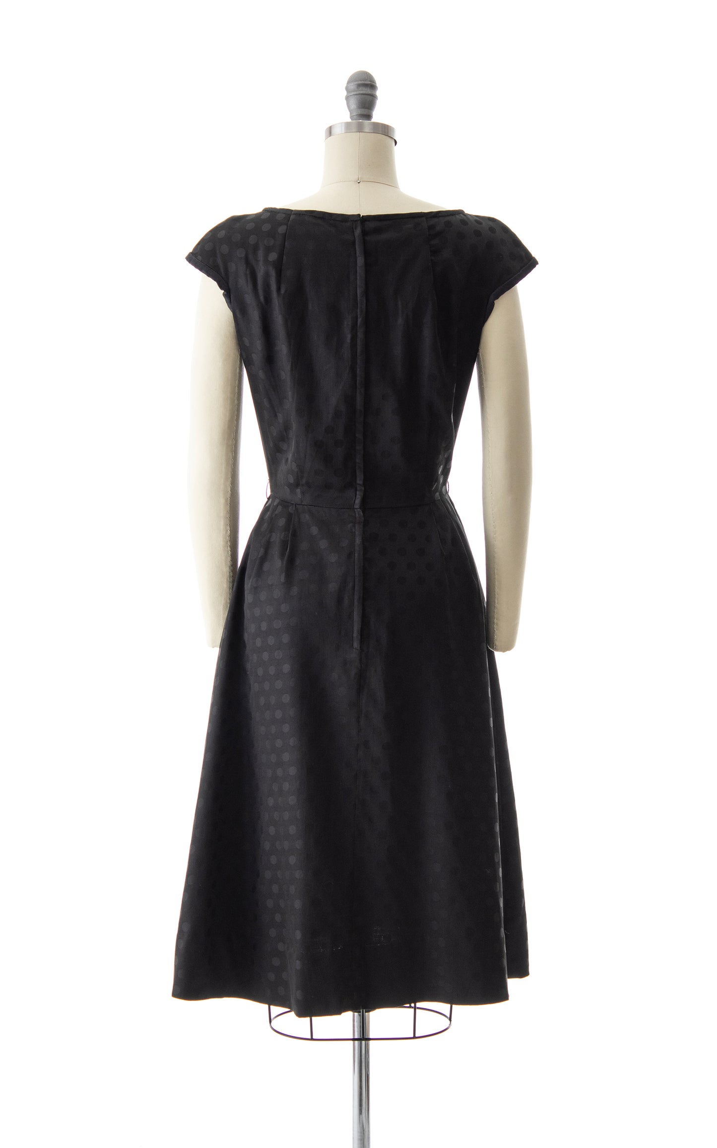 1950s Polka Dot Black Silk Dress with Pockets | small