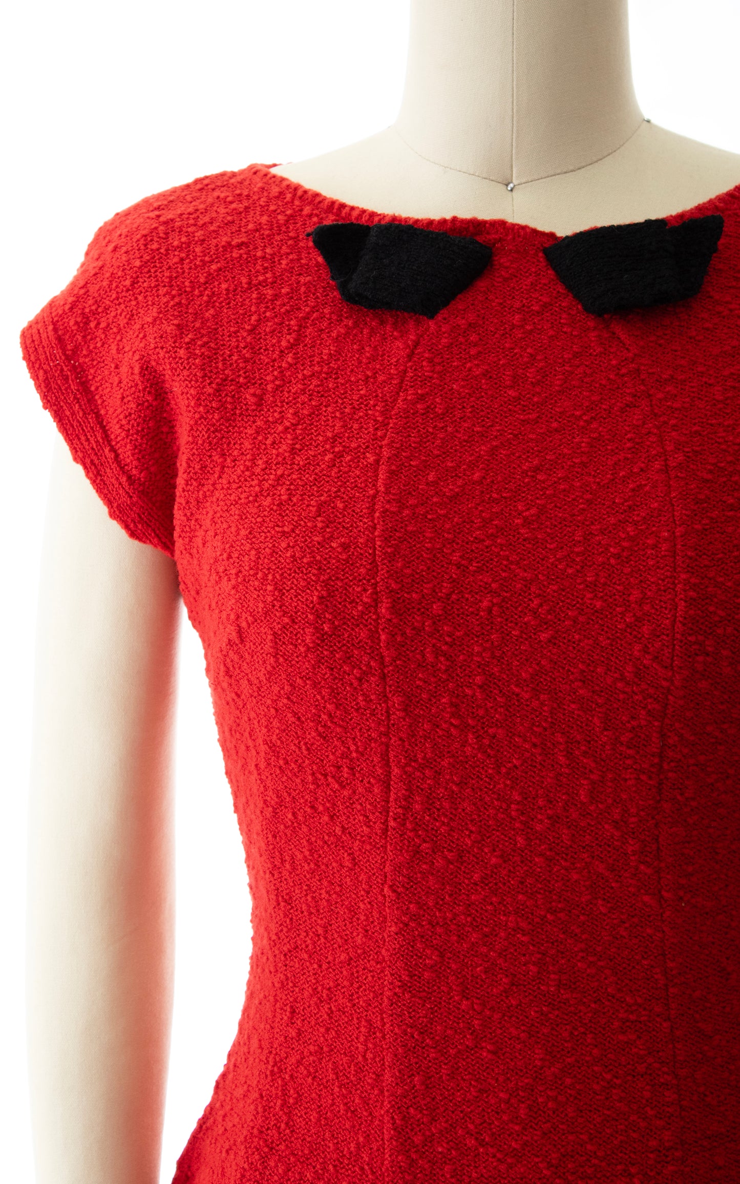 1950s SNYDERKNIT Bow Trim Knit Red Wool Sweater Dress | x-small/small
