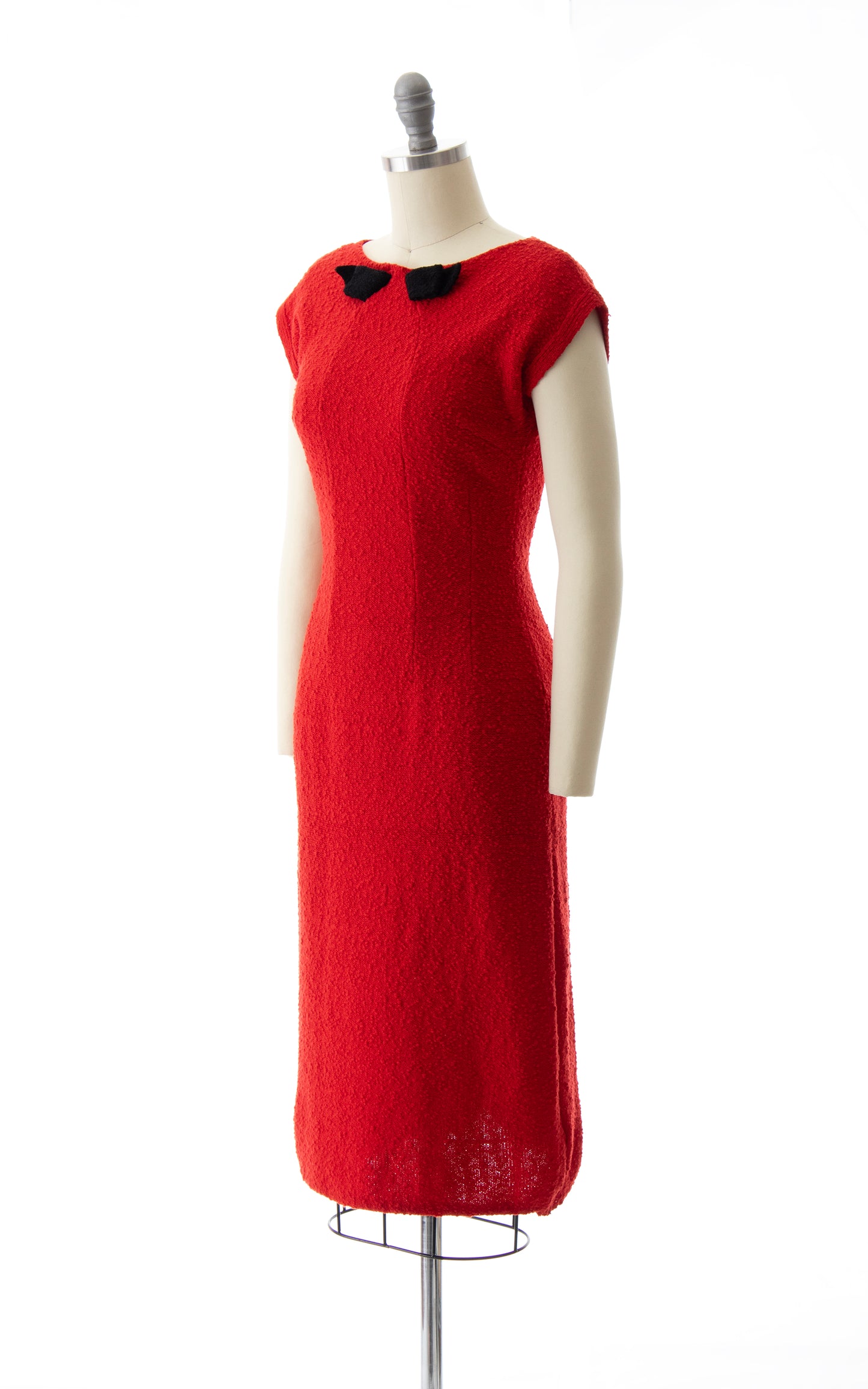 1950s SNYDERKNIT Bow Trim Knit Red Wool Sweater Dress | x-small/small