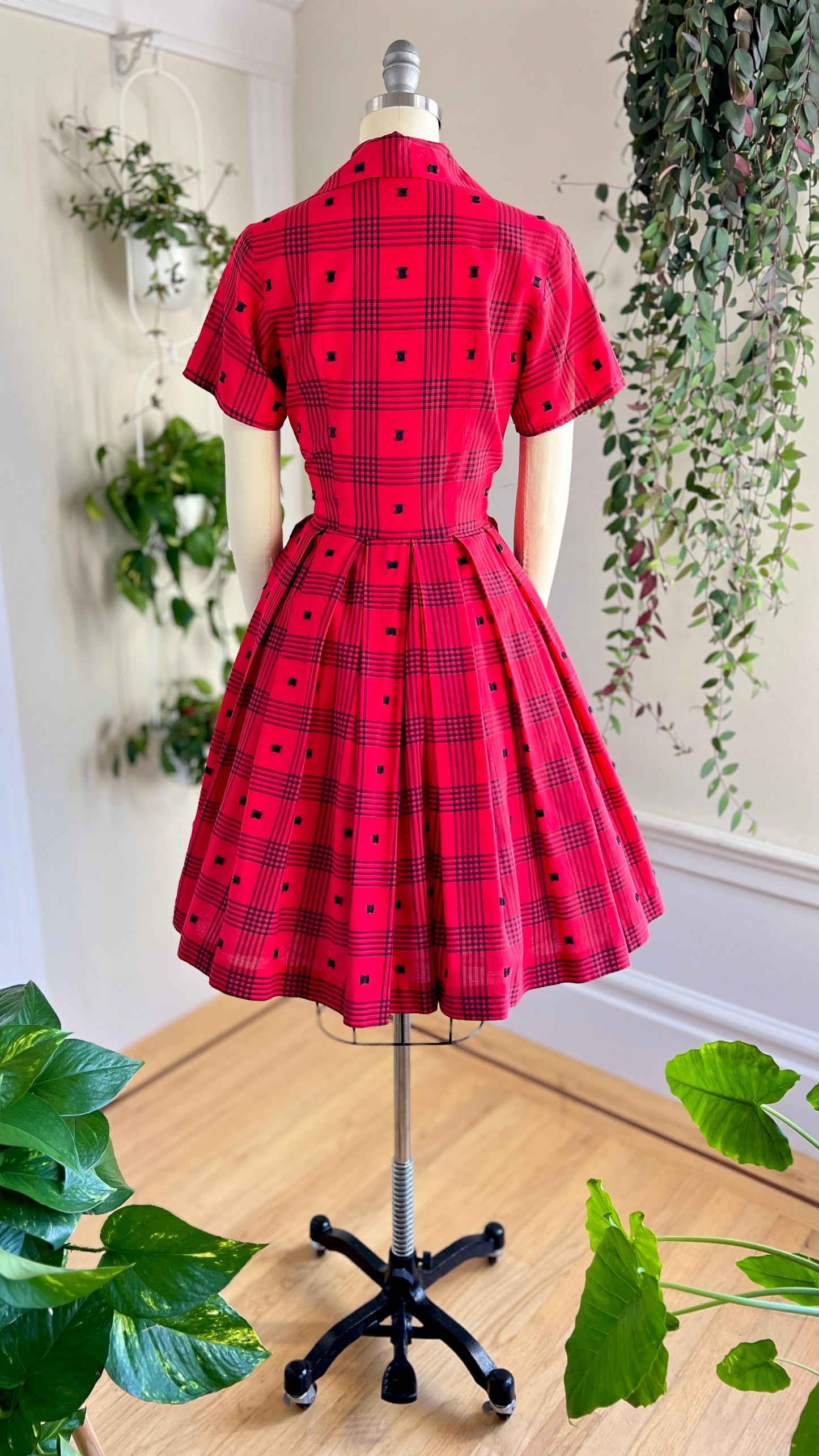 1950s Red Plaid Shirt Dress | small
