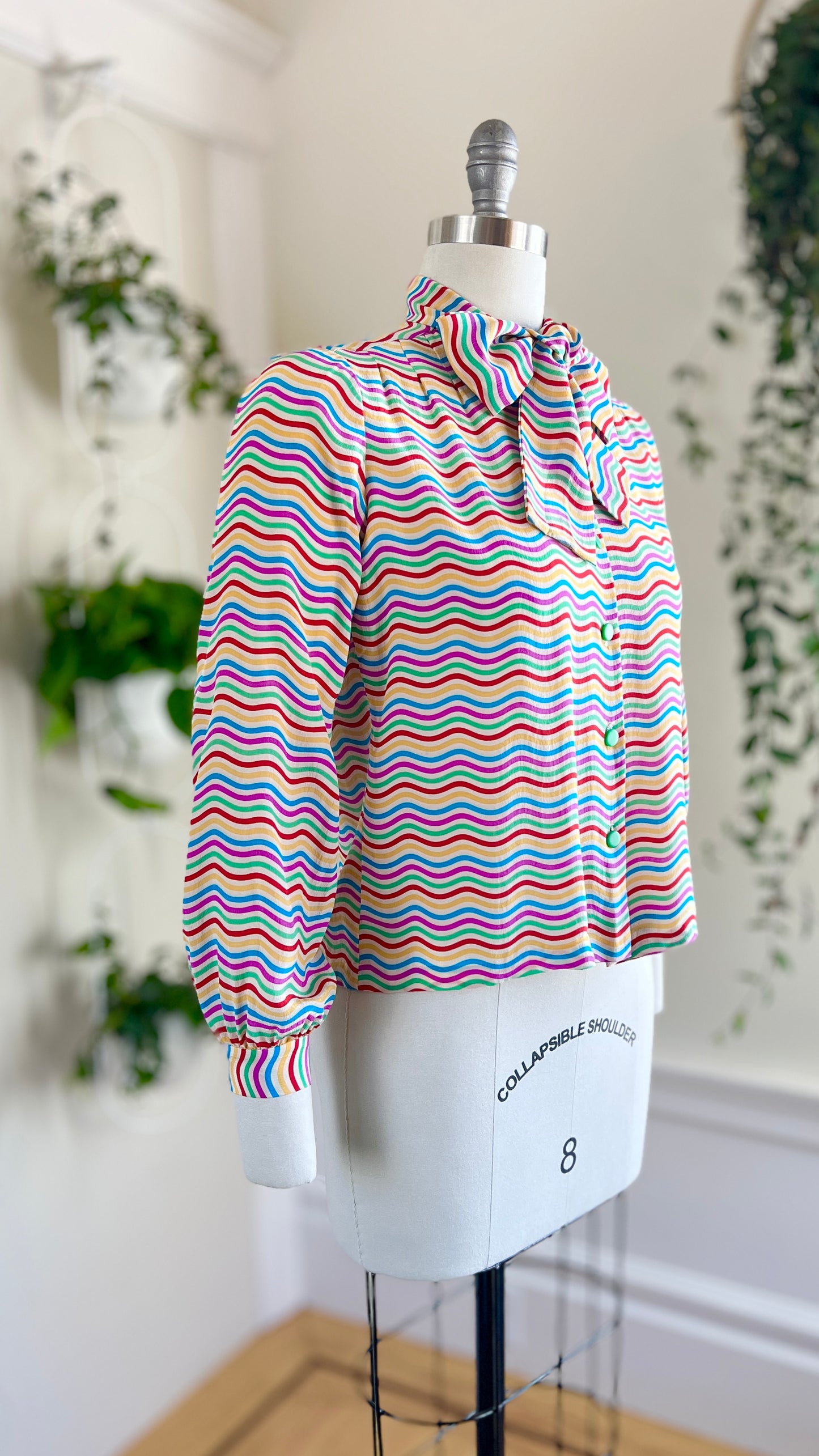 1980s Silk Rainbow Pussy Bow Blouse | small