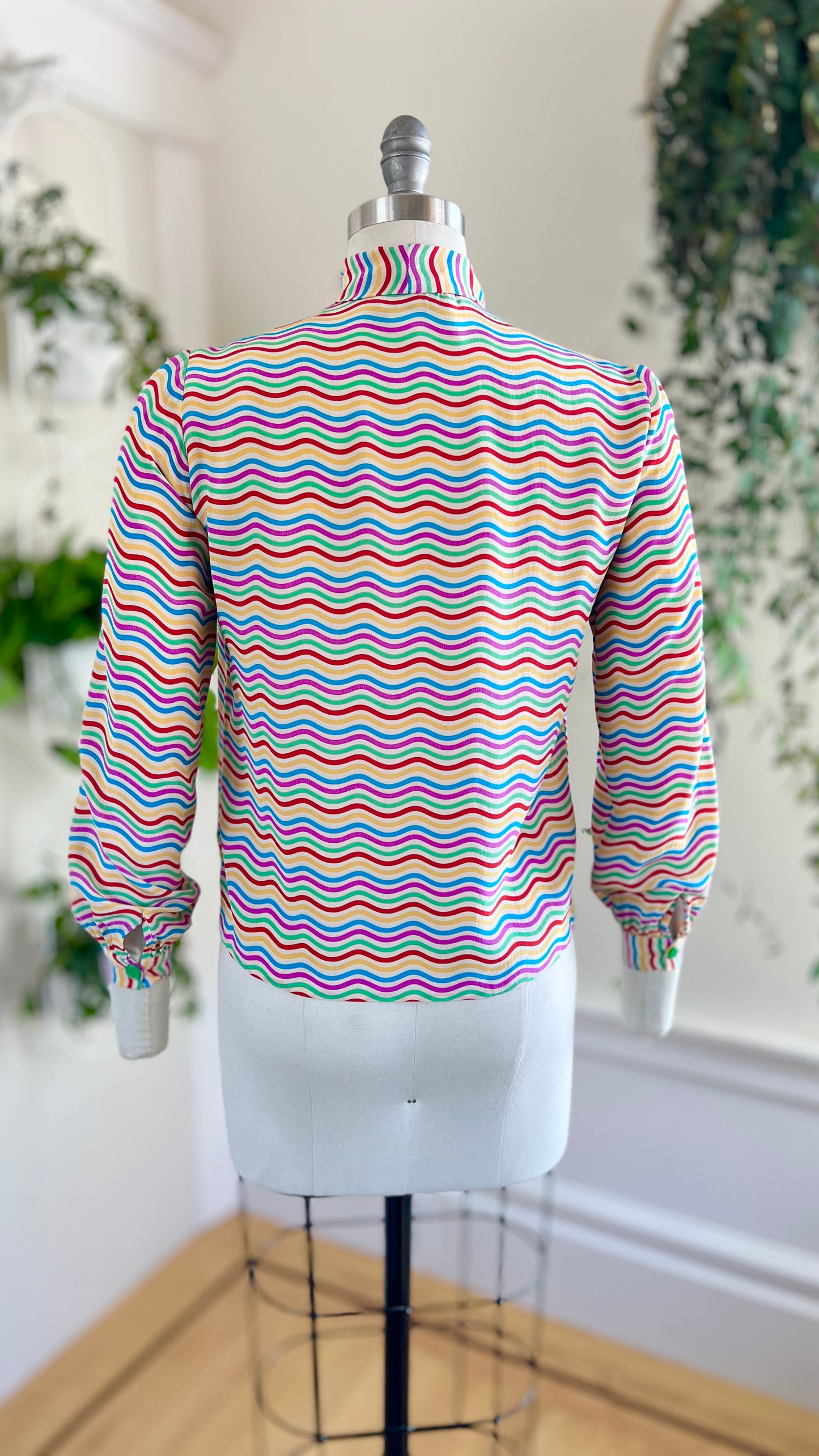 1980s Silk Rainbow Pussy Bow Blouse | small