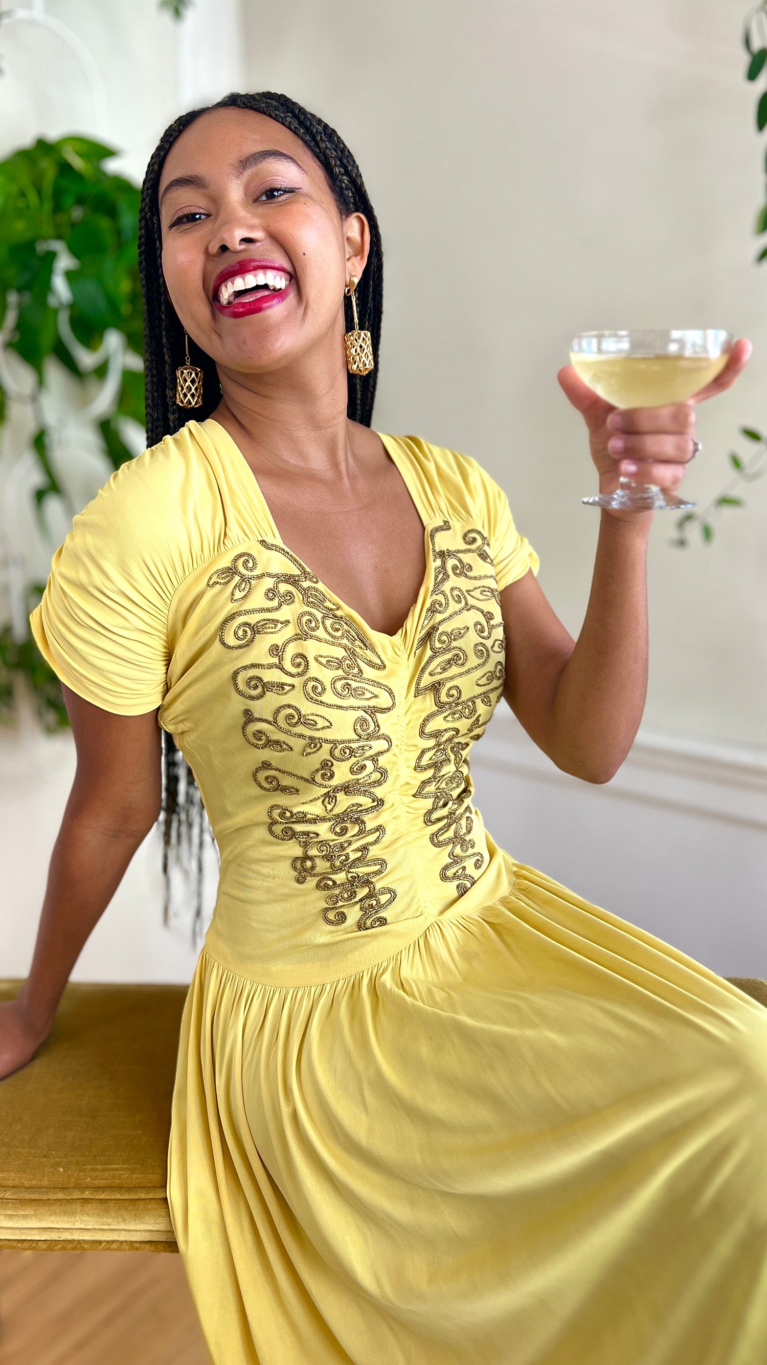 1940s Gold Filigree Yellow Jersey Party Dress | small Birthday Life Vintage 1940s Gold Filigree Yellow Jersey Party Dress | small Birthday Life Vintage
