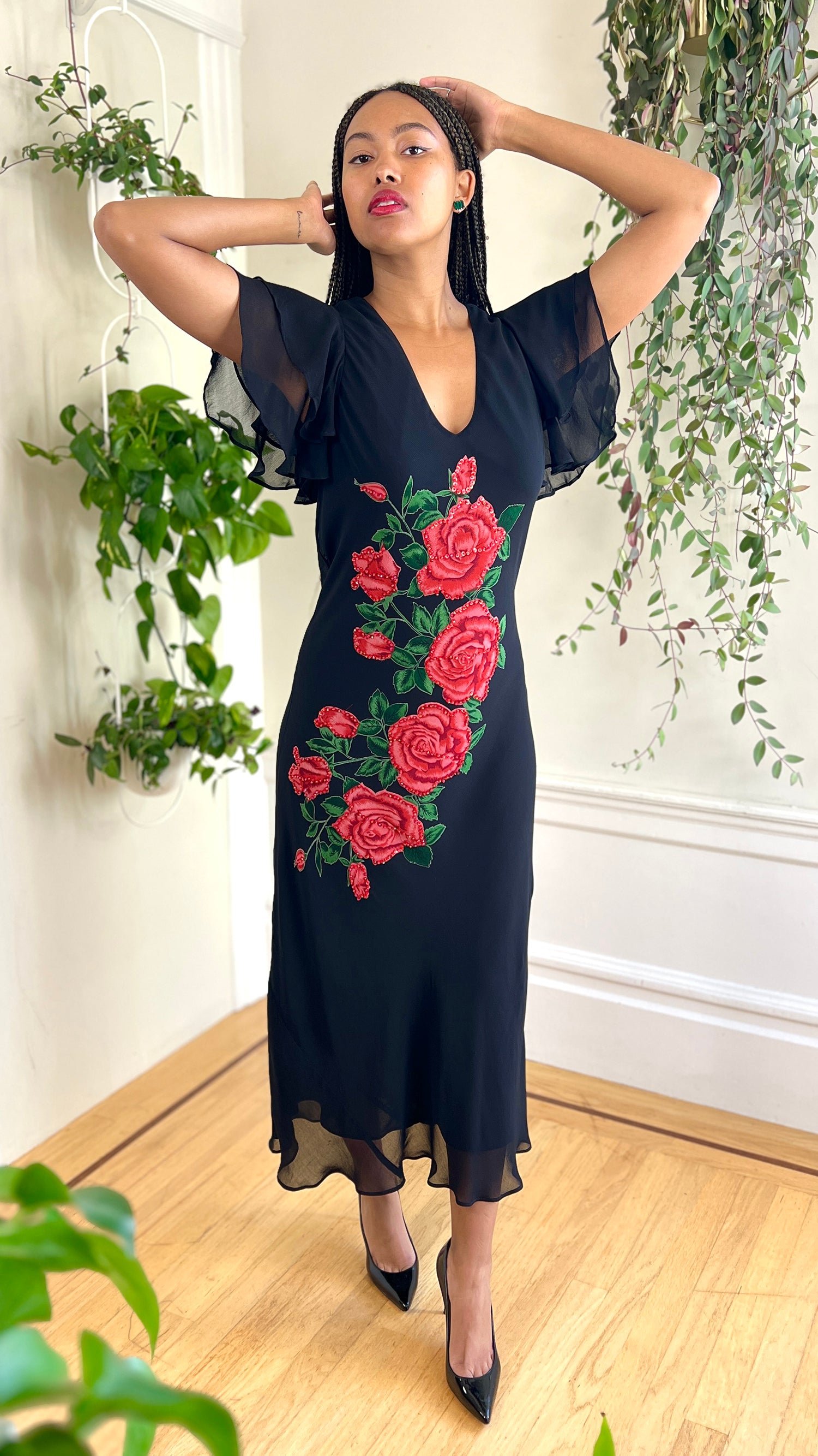 2000s Sequin Roses Bias Cut Rayon Dress | medium/large 2000s Sequin Roses Bias Cut Rayon Dress | medium/large