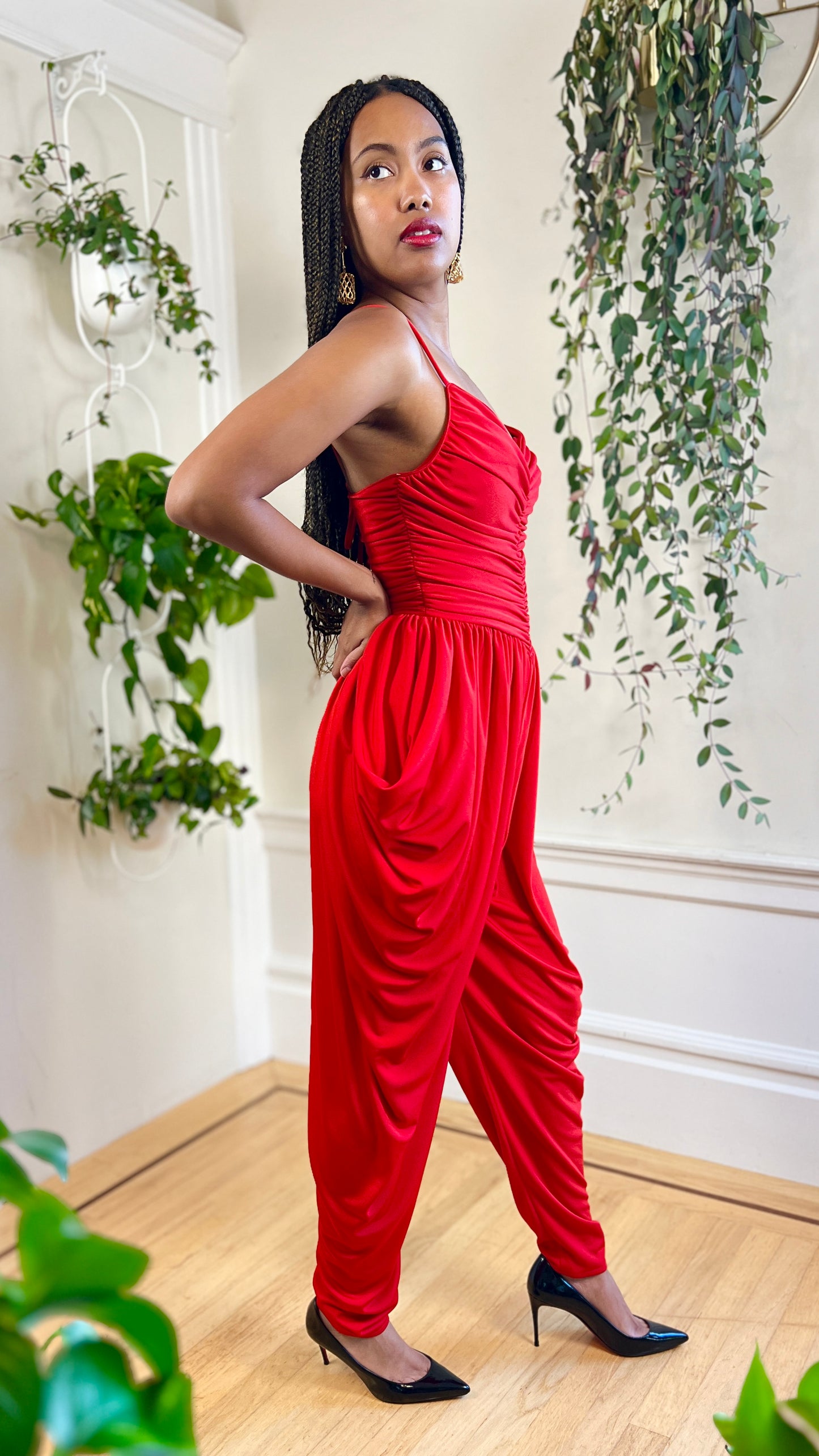 1980s NEW LEAF Red Jersey Jumpsuit | x-small/small