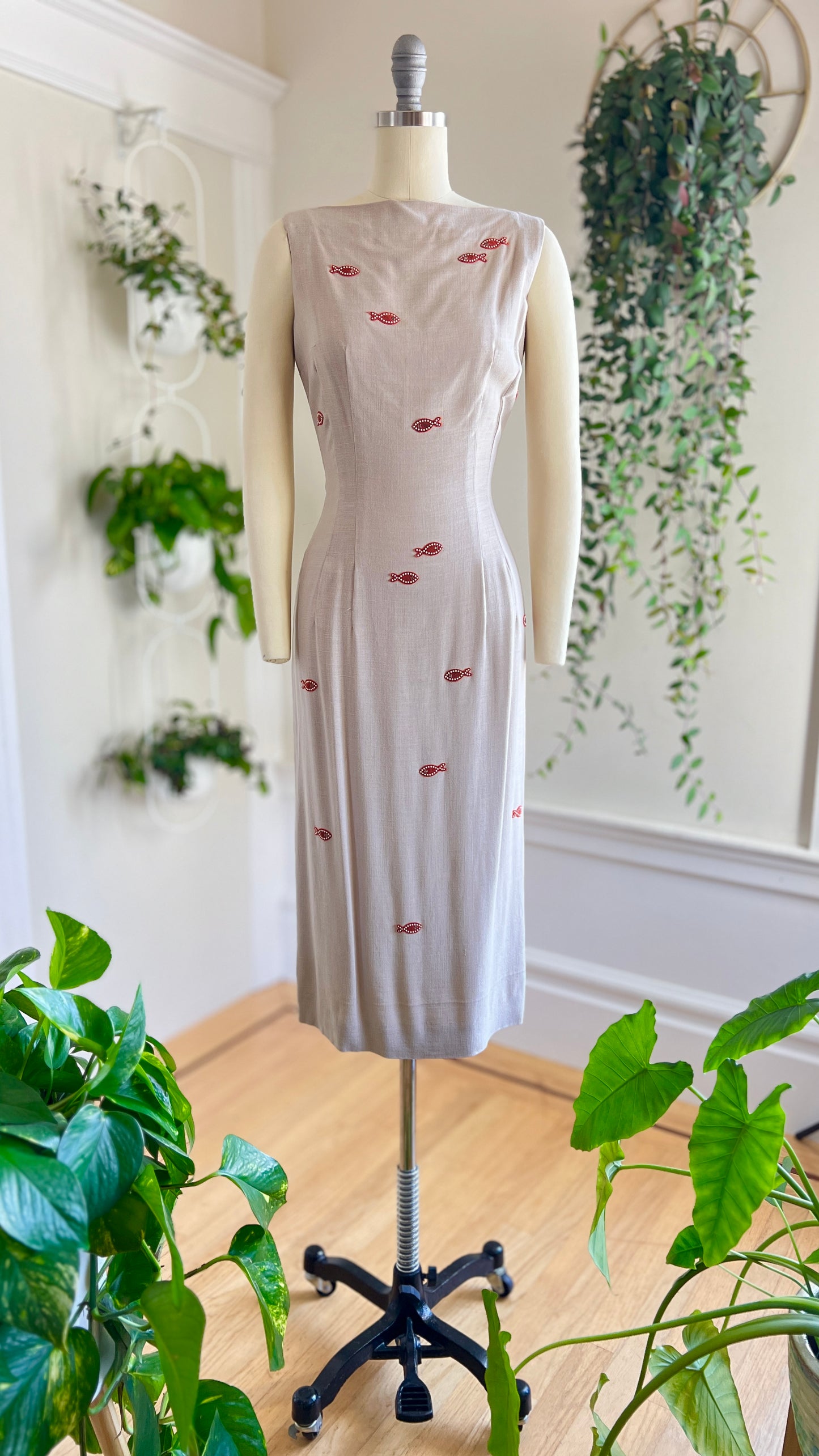 1950s Fish Appliqué Linen Dress Set | small