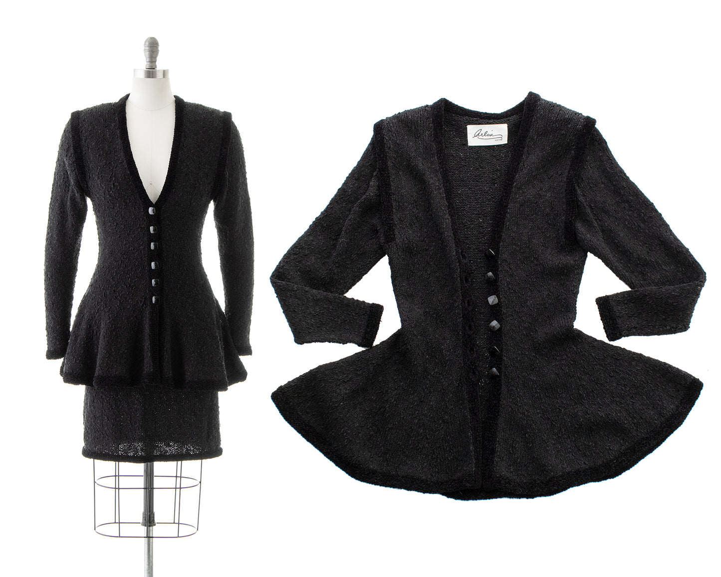 1980s Chenille Knit Peplum Jacket Skirt Suit | small/medium