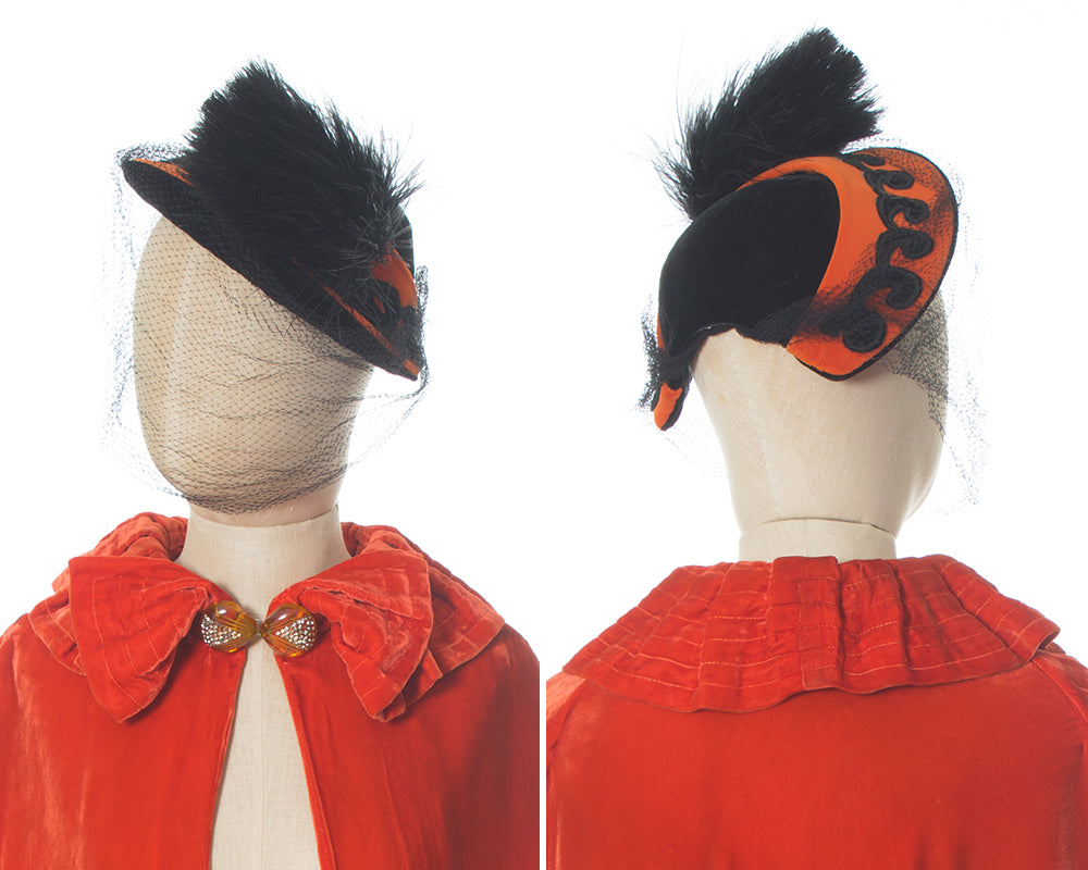 1940s Velvet & Feather Pom Pom Hat with Veil