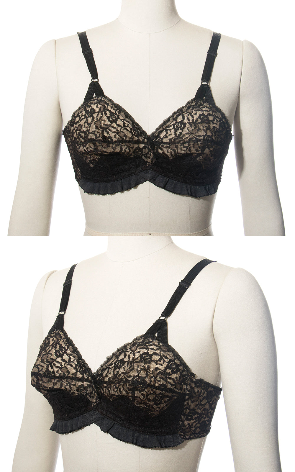 1950s Sheer Black Satin and Lace Wireless Bullet Bra