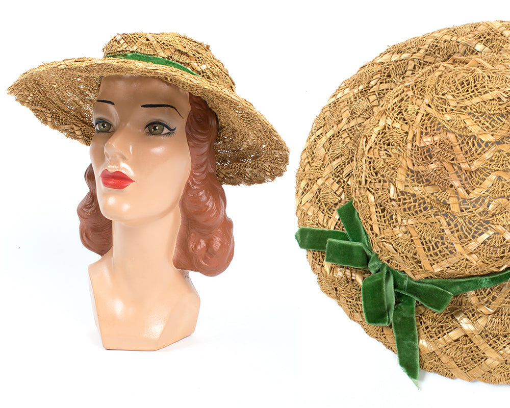1950s Straw Sun Hat with Velvet Ribbon