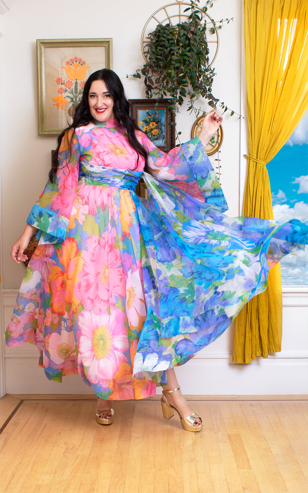 1960s 1970s Incredible Floral Chiffon Angel Sleeve Maxi Dress | small 1960s 1970s Incredible Floral Chiffon Angel Sleeve Maxi Dress | small