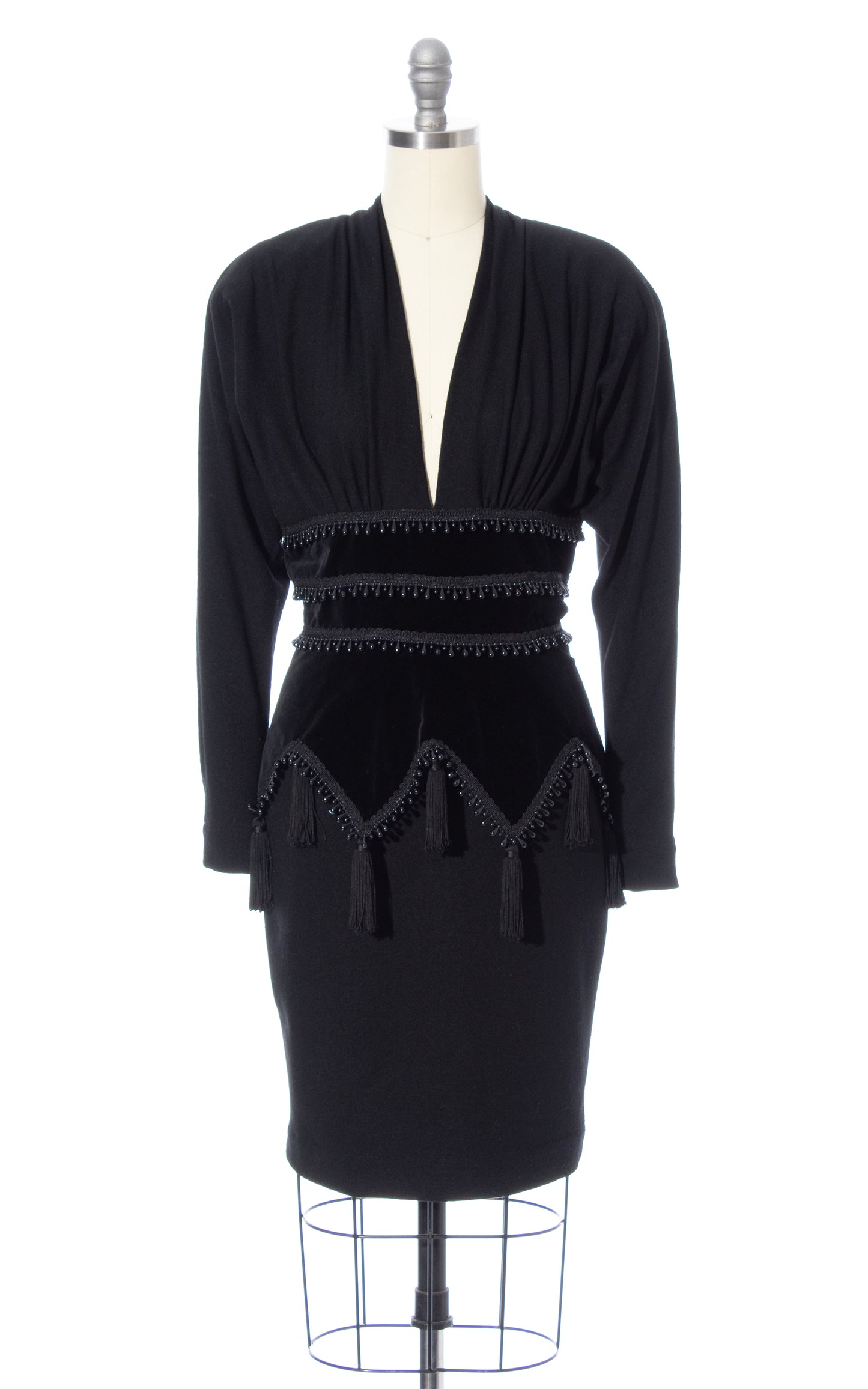 Vintage 80s 1980s Beaded Tassels Wool Jersey & Velvet Dress BirthdayLifeVintage