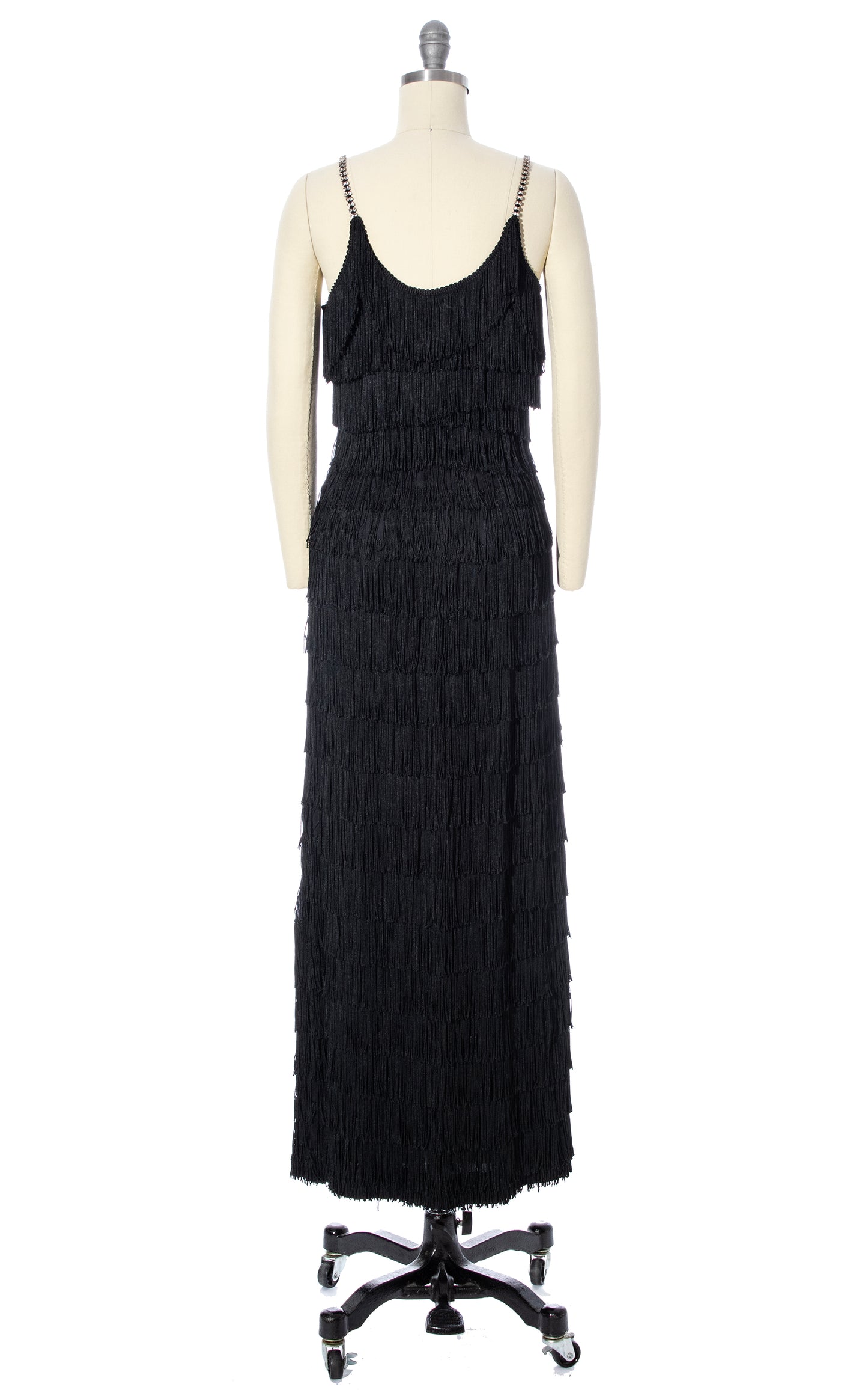 Vintage 60s 1960s Black Fringe Rhinestone Straps Party Dress Evening Gown Showgirl Maxi BirthdayLifeVintage