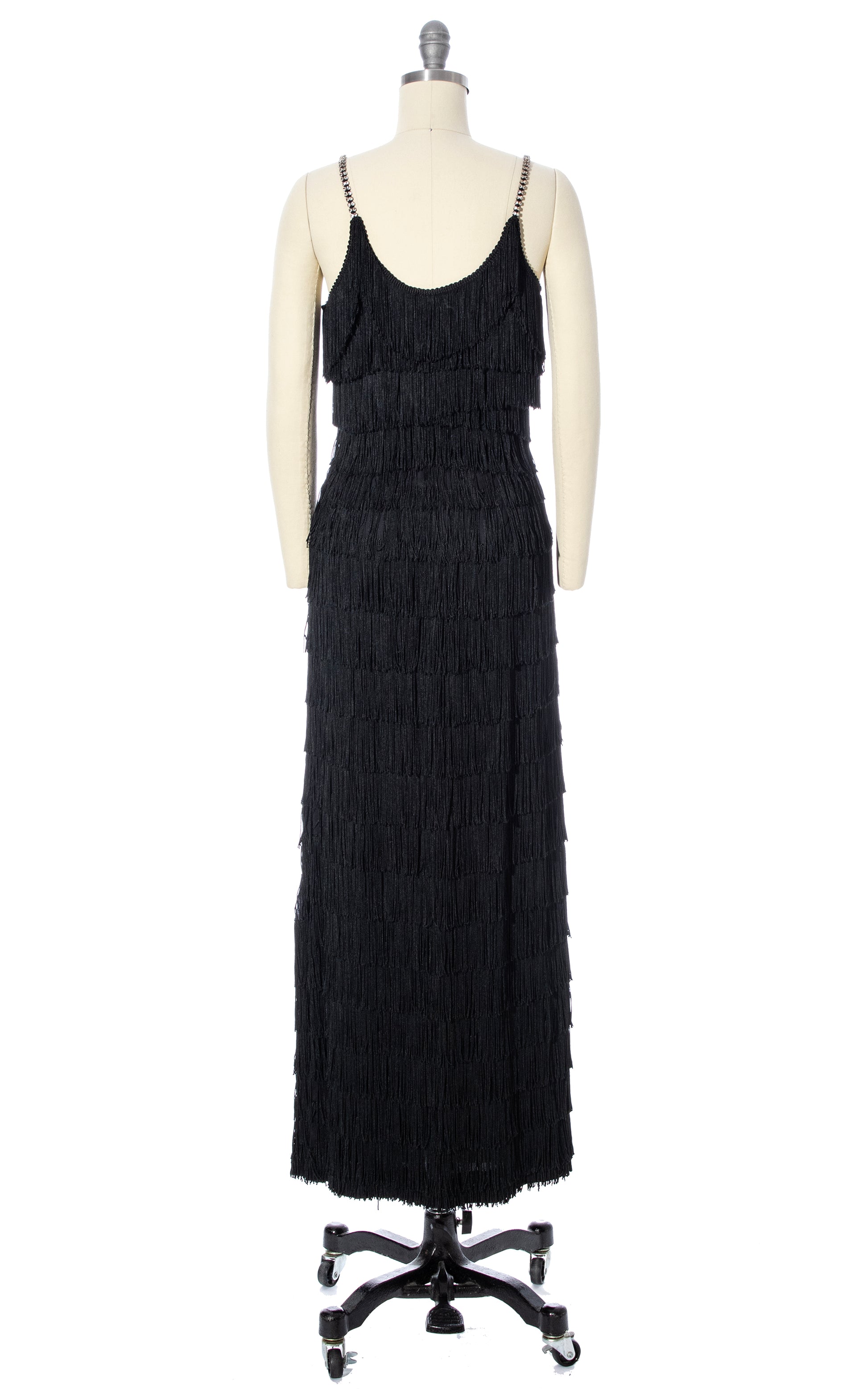 Vintage 60s 1960s Black Fringe Rhinestone Straps Party Dress Evening Gown Showgirl Maxi BirthdayLifeVintage