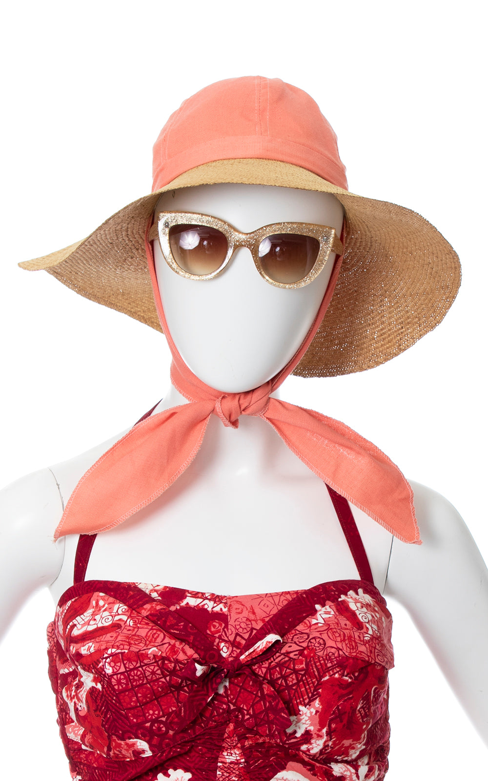 1960s Pink Cotton & Straw Sun Hat with Ties | small/medium
