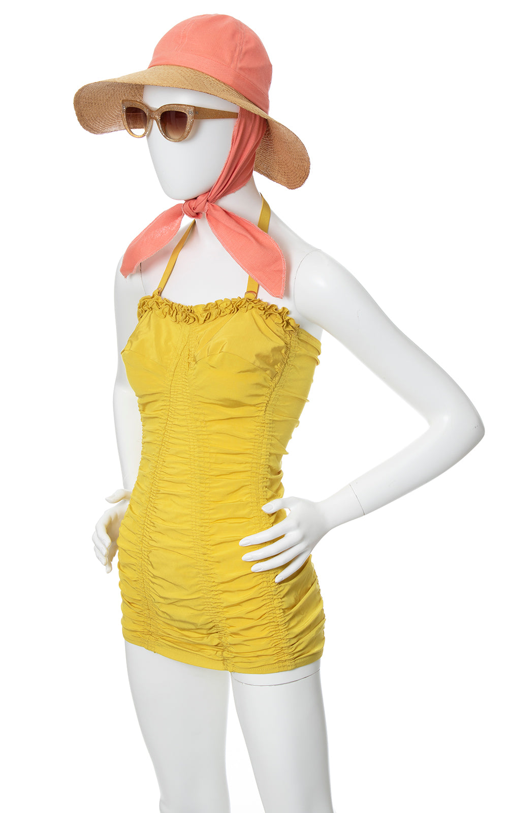 1950s CATALINA Yellow Ruffled Smocked Swimsuit | x-small/small