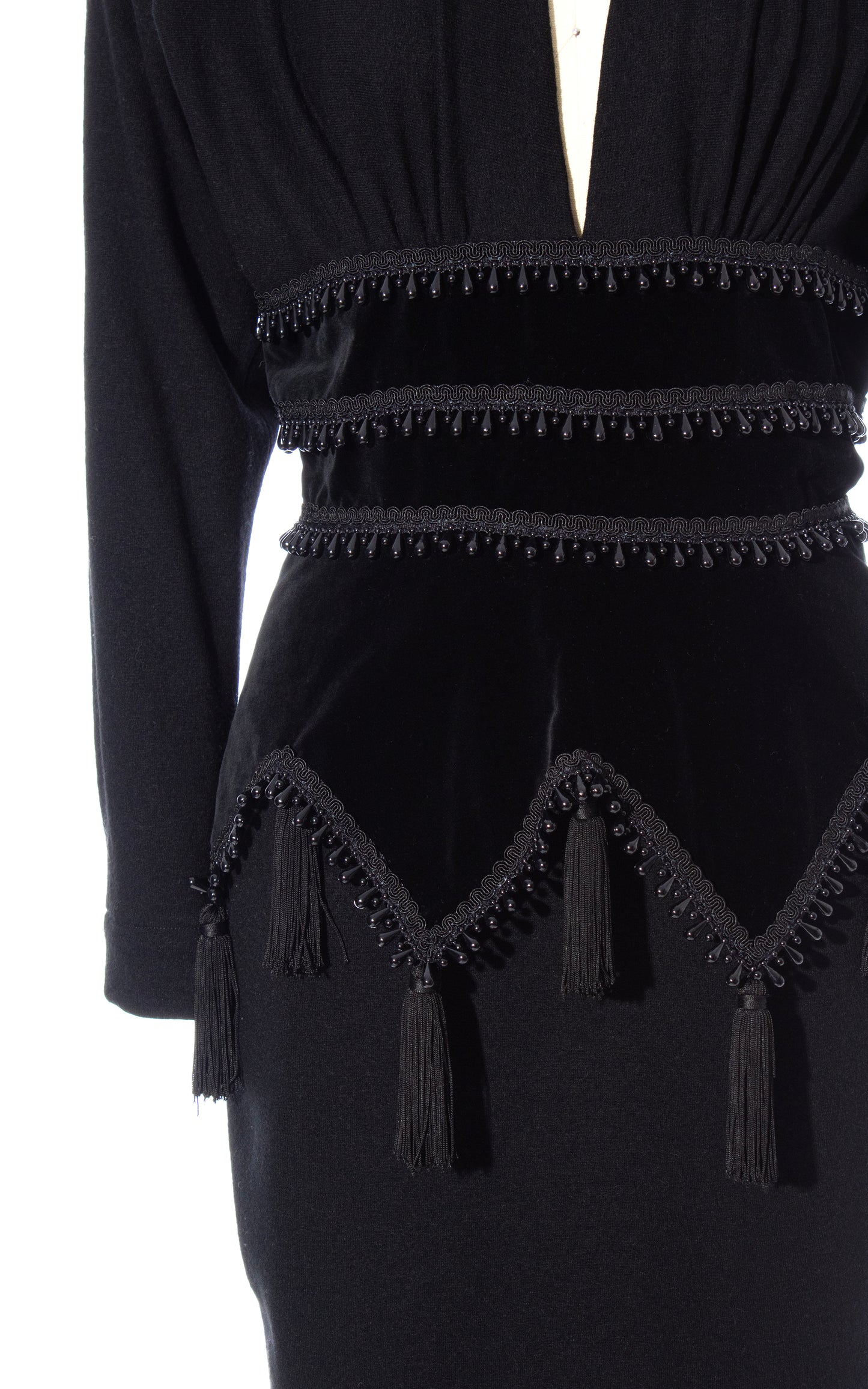 Vintage 80s 1980s Beaded Tassels Wool Jersey & Velvet Dress BirthdayLifeVintage