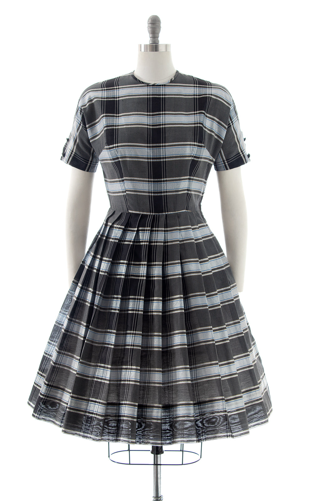 1950s Metallic Plaid Button Back Dress | small