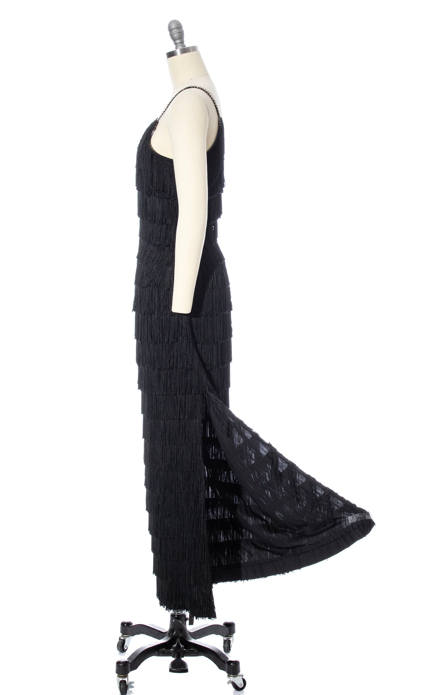 Vintage 60s 1960s Black Fringe Rhinestone Straps Party Dress Evening Gown Showgirl Maxi BirthdayLifeVintage