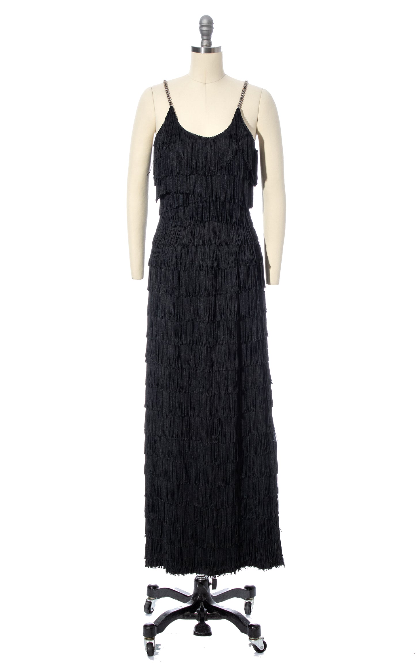 Vintage 60s 1960s Black Fringe Rhinestone Straps Party Dress Evening Gown Showgirl Maxi BirthdayLifeVintage