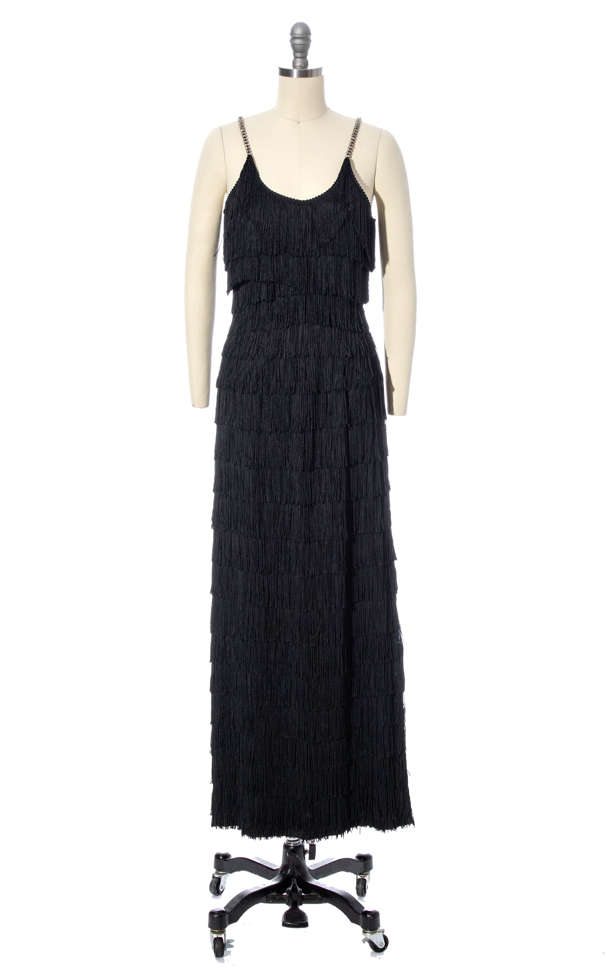 Vintage 60s 1960s Black Fringe Rhinestone Straps Party Dress Evening Gown Showgirl Maxi BirthdayLifeVintage